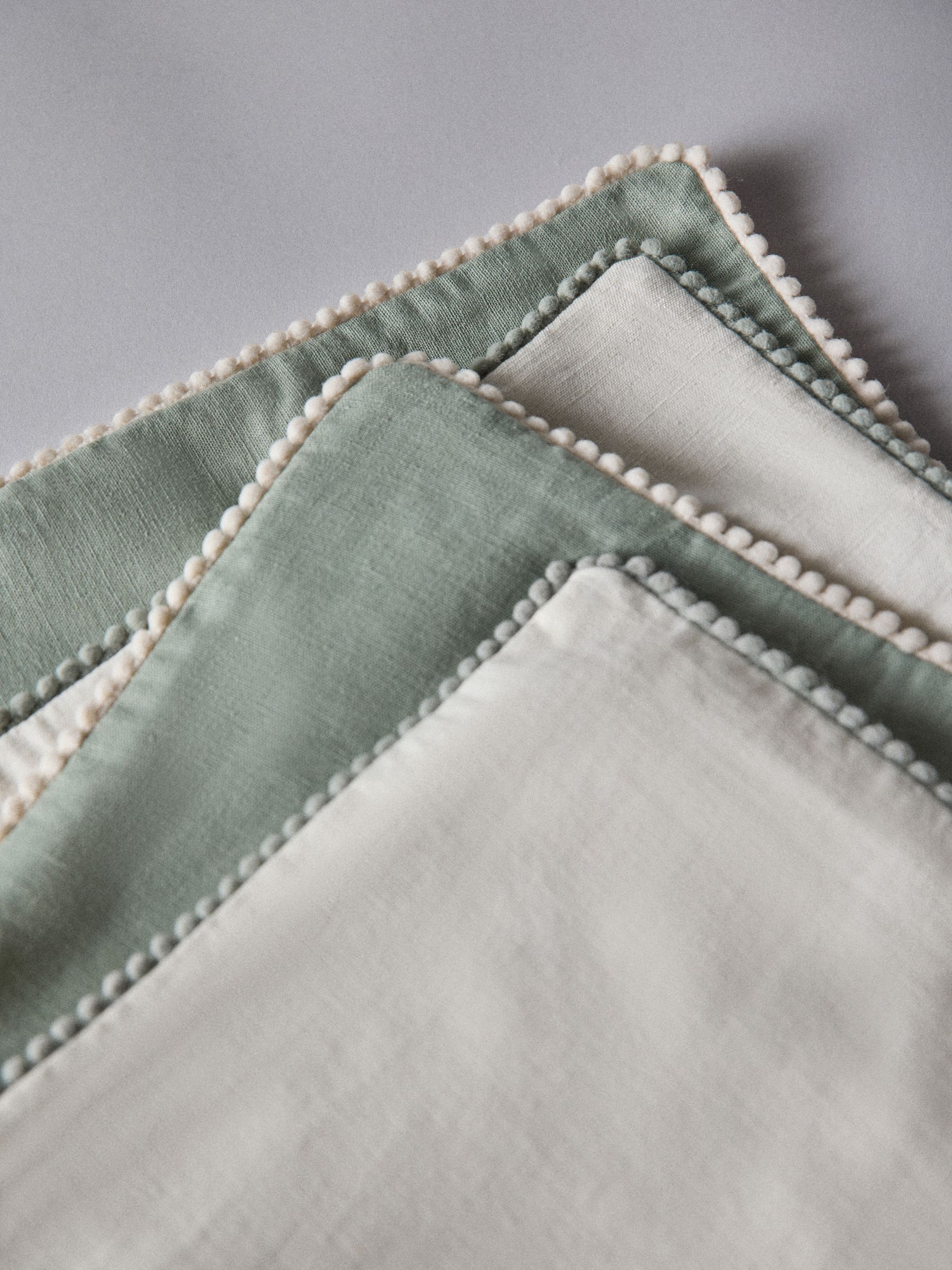 4 Pack Green/Natural Cotton Linen Pom Pom Cushion Covers - Image 3 of 4