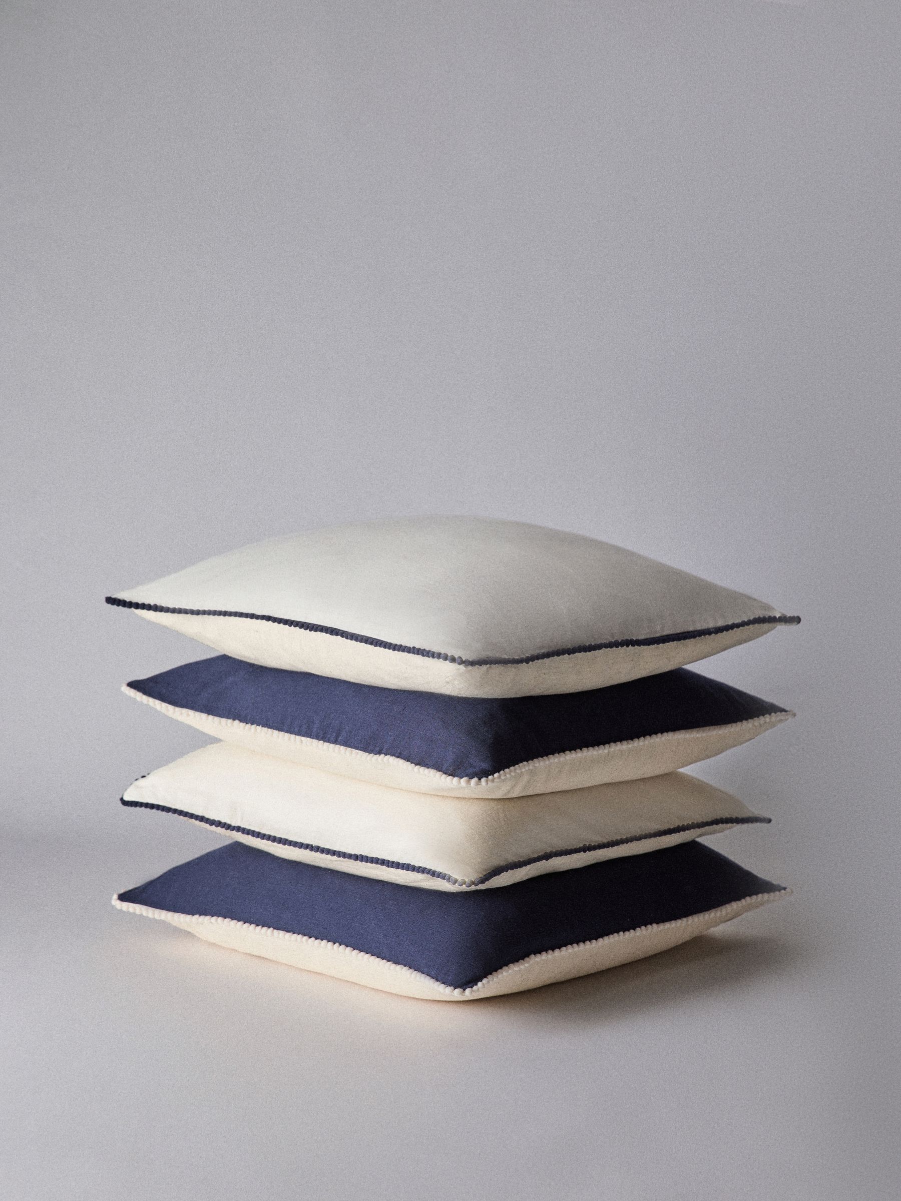 4 Pack Navy/Natural Cotton Linen Pom Pom Cushion Covers - Image 2 of 5