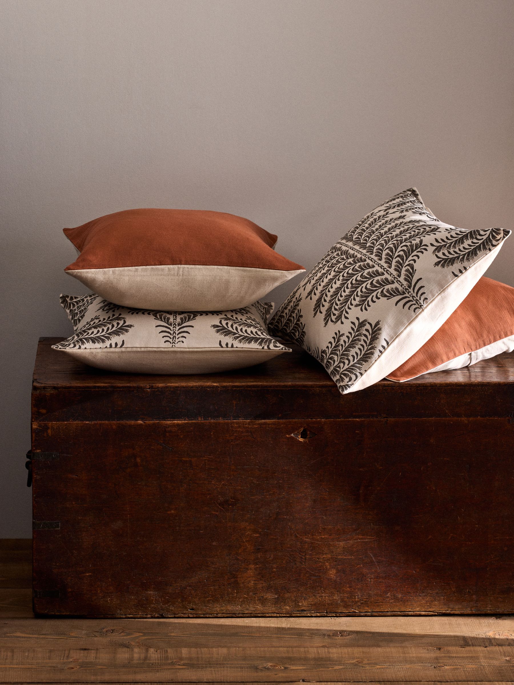 4 Pack Rust/Natural Palm Woodblock Printed Cotton Cushion Covers - Image 2 of 5 4 Pack Rust/Natural Palm Woodblock Printed Cotton Cushion Covers - Image 2 of 5