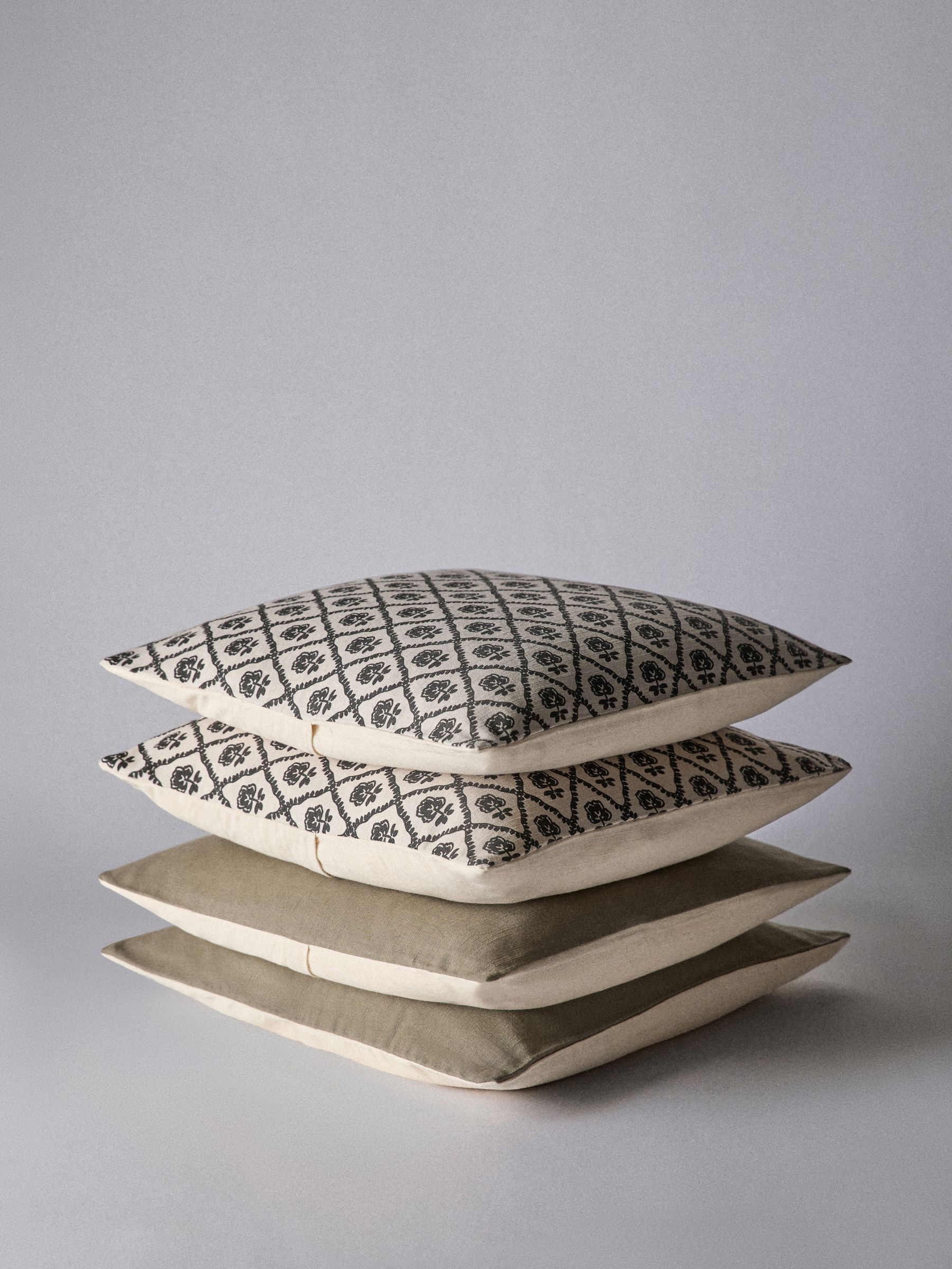 4 Pack Natural Woodblock Printed Cotton Cushion Covers - Image 1 of 4