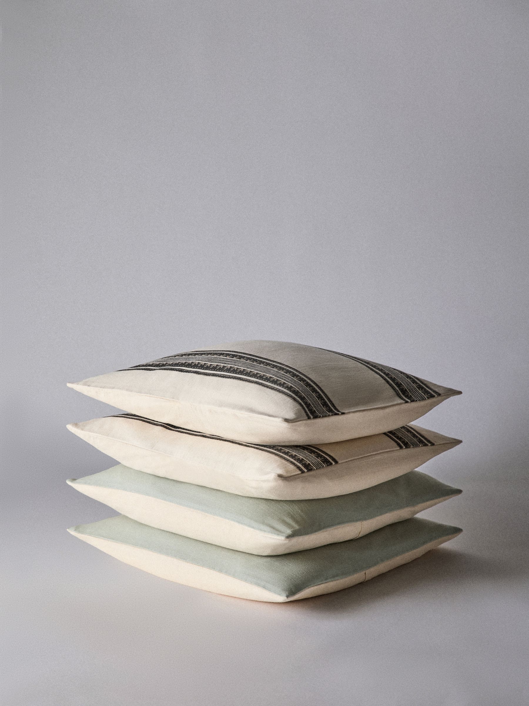 4 Pack Green/Natural Stripe Woodblock Printed Cotton Cushion Covers - Image 1 of 5