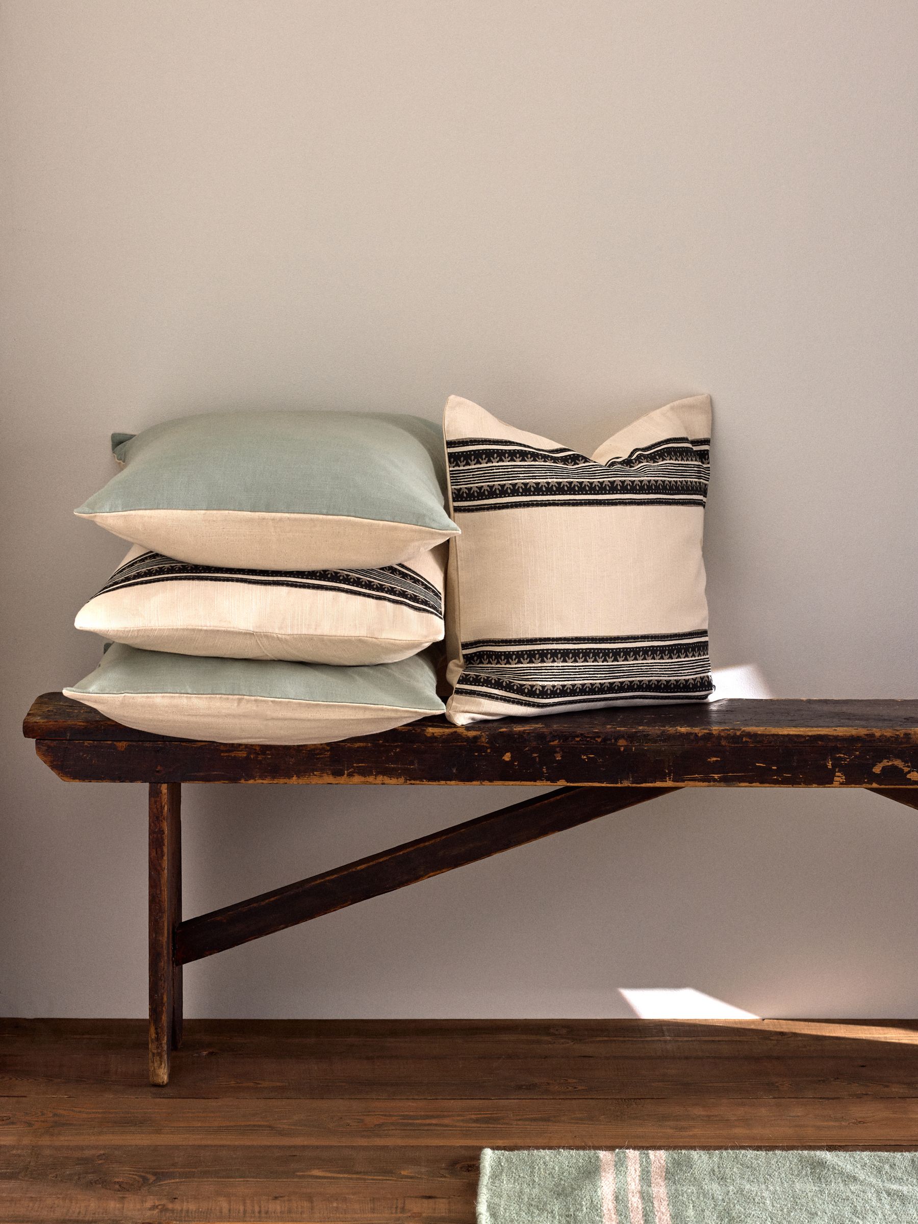 4 Pack Green/Natural Stripe Woodblock Printed Cotton Cushion Covers - Image 2 of 5