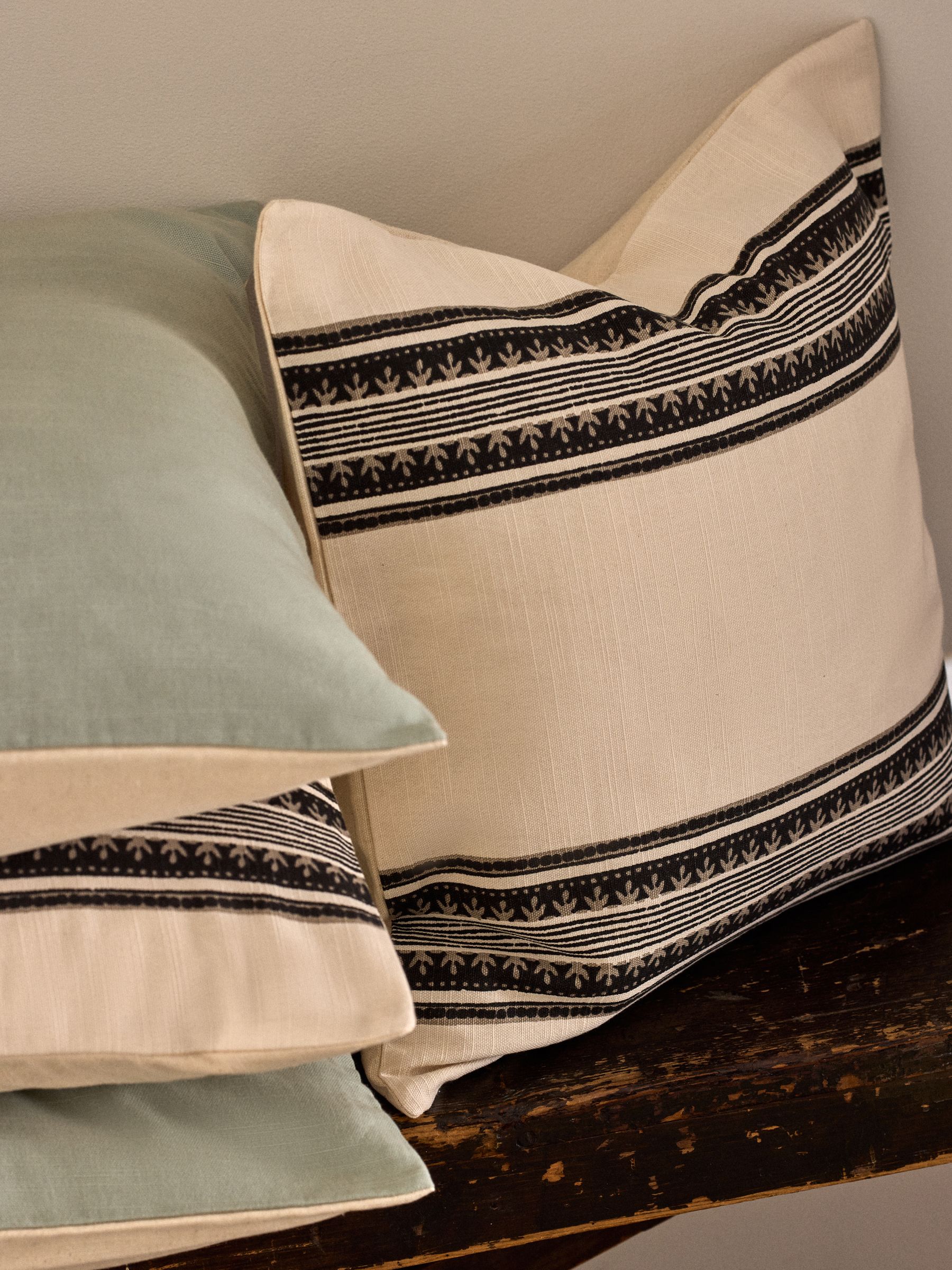 4 Pack Green/Natural Stripe Woodblock Printed Cotton Cushion Covers - Image 3 of 5