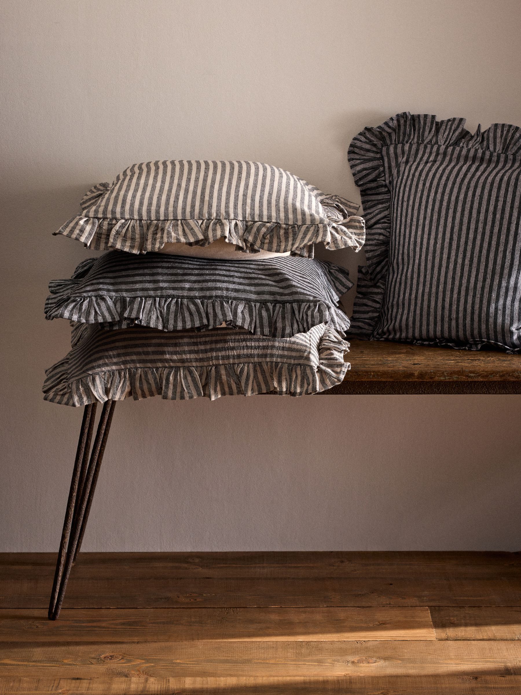 4 Pack Stripe Ruffle Cotton Cushion Covers Black/Natural - Image 1 of 2