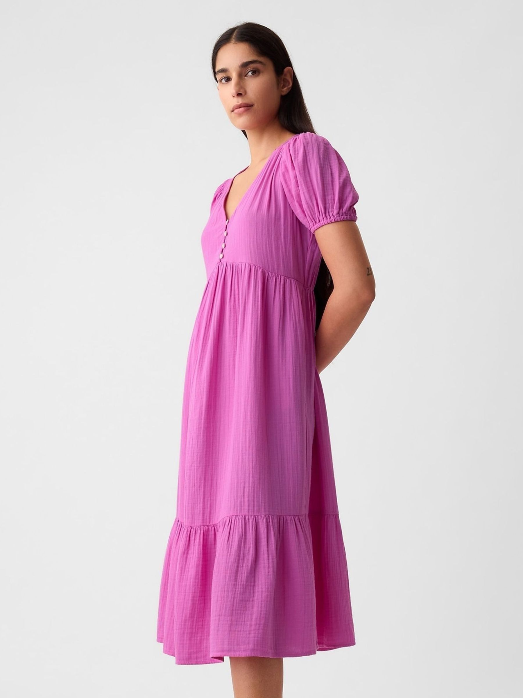 Pink Crinkle Gauze V Neck Midi Dress - Image 1 of 6