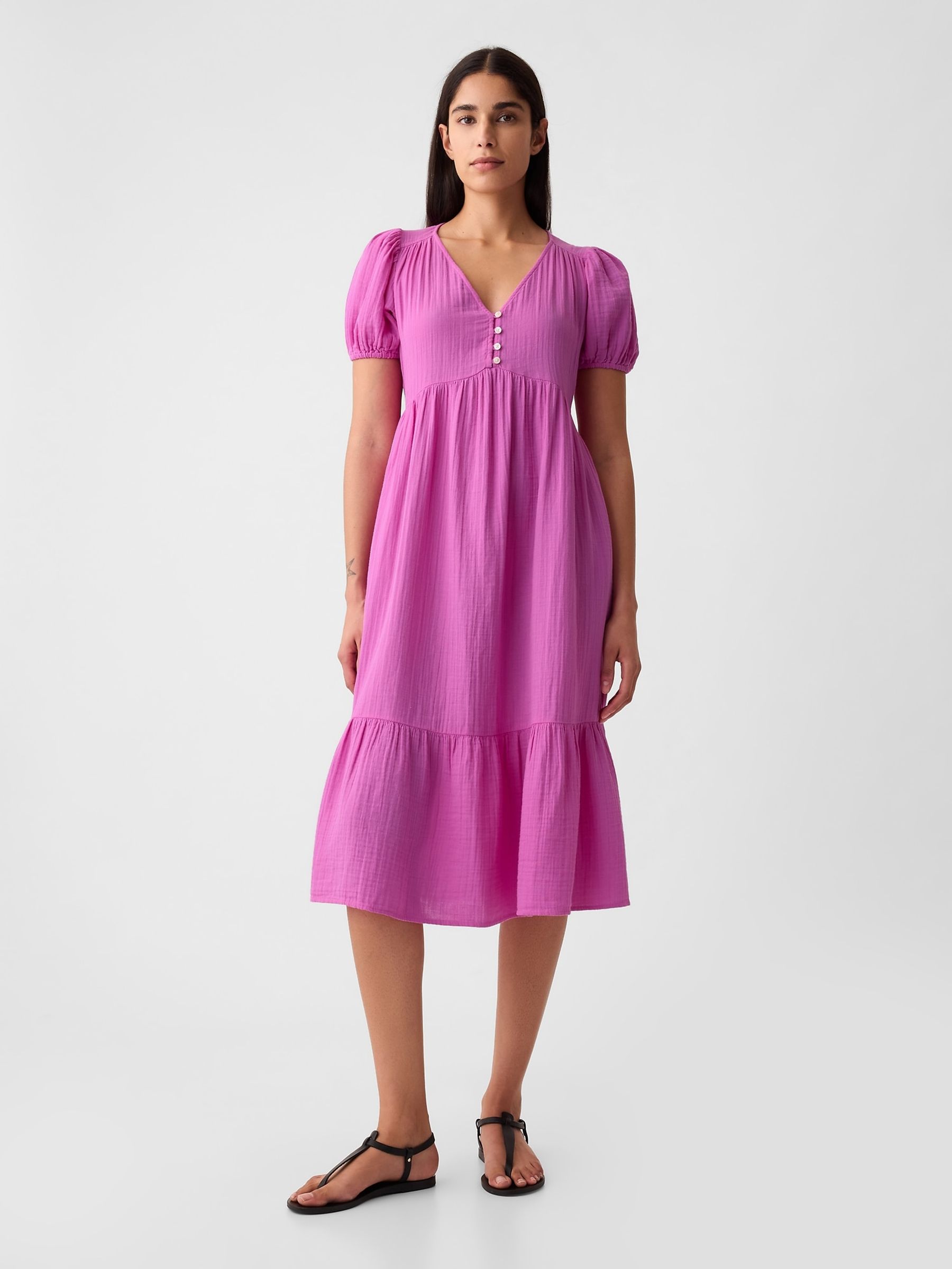 Pink Crinkle Gauze V Neck Midi Dress - Image 2 of 6