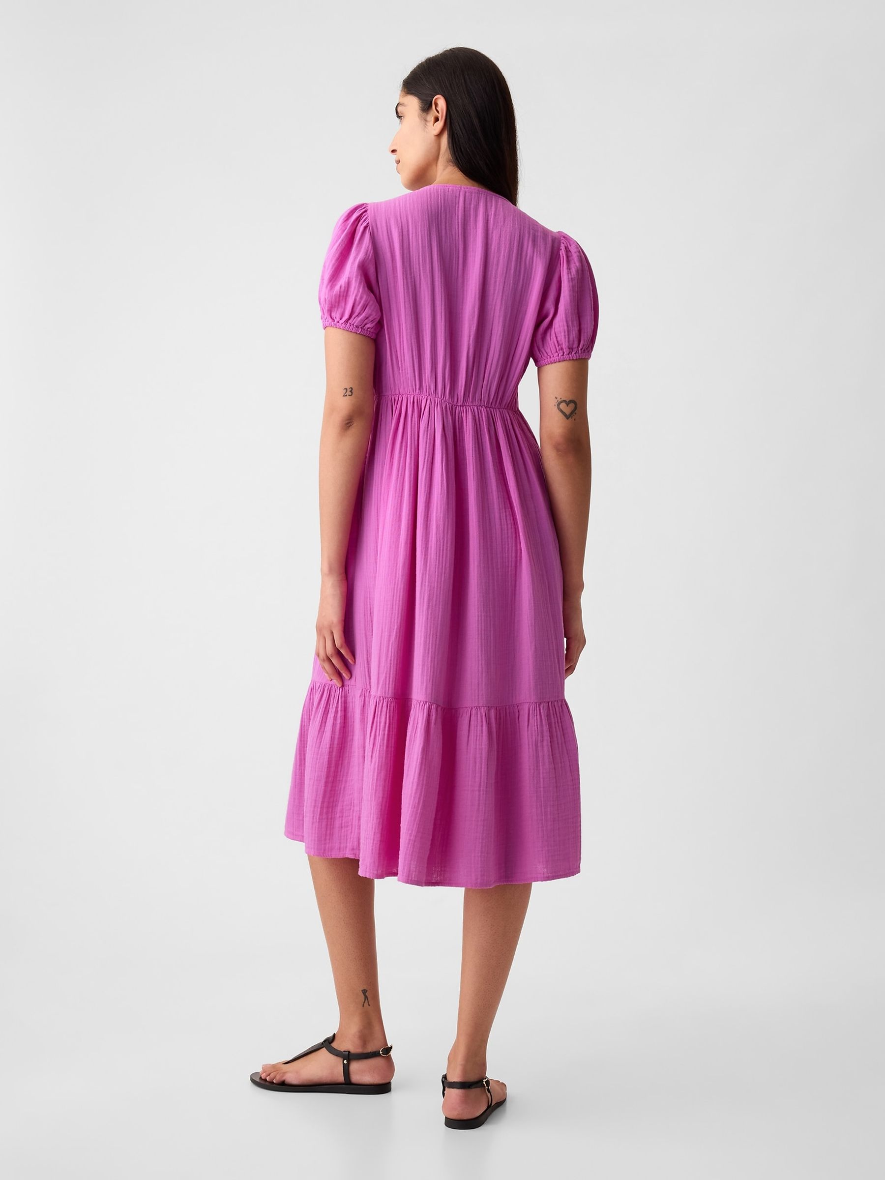 Pink Crinkle Gauze V Neck Midi Dress - Image 3 of 6