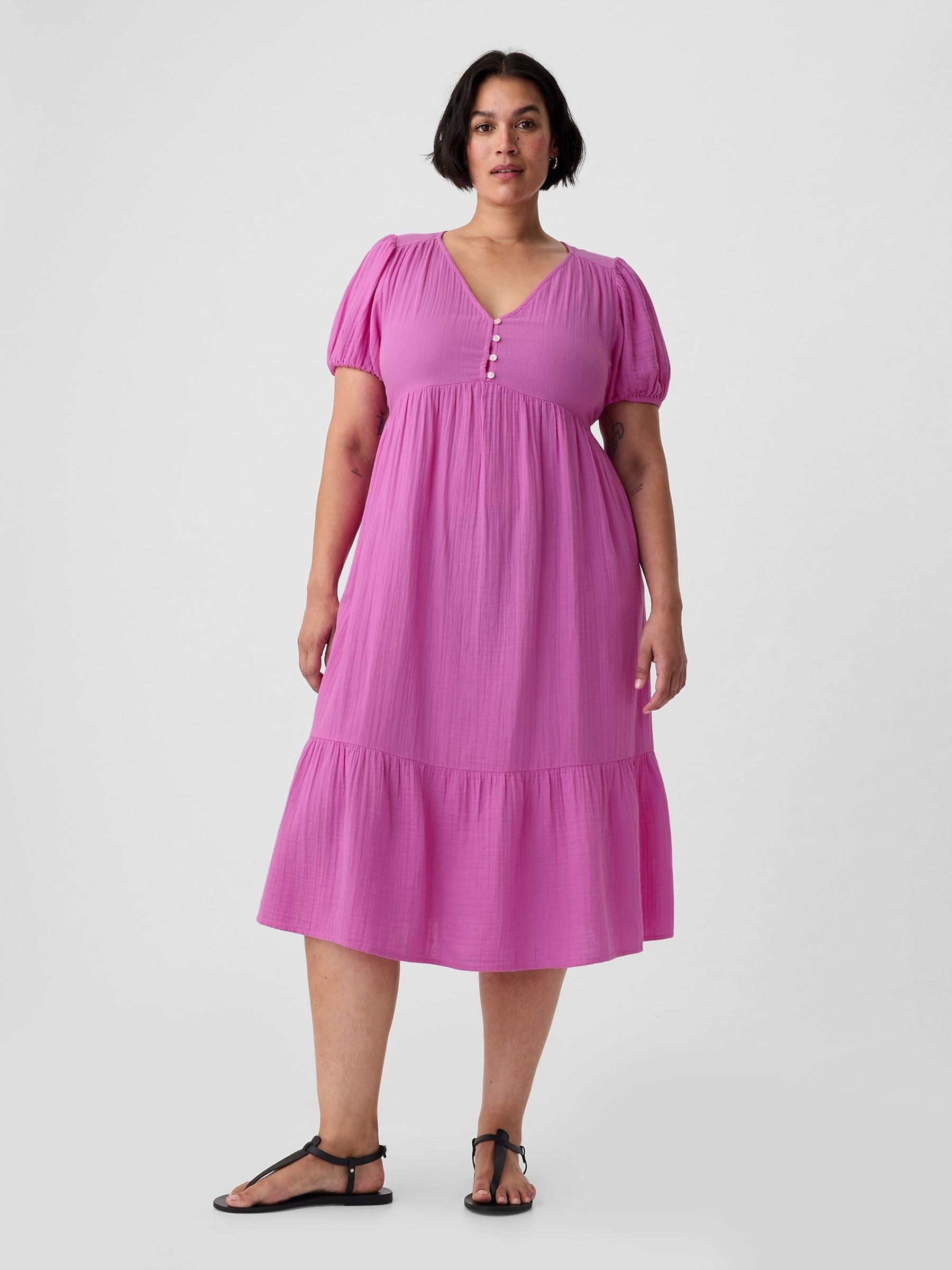 Pink Crinkle Gauze V Neck Midi Dress - Image 5 of 6