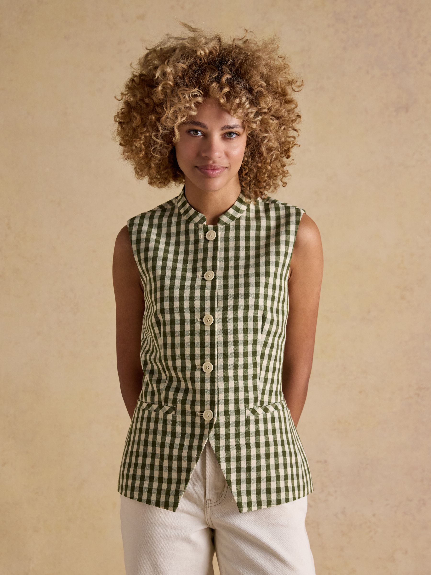 Nehru Collar Green Gingham Waistcoat - Image 1 of 10