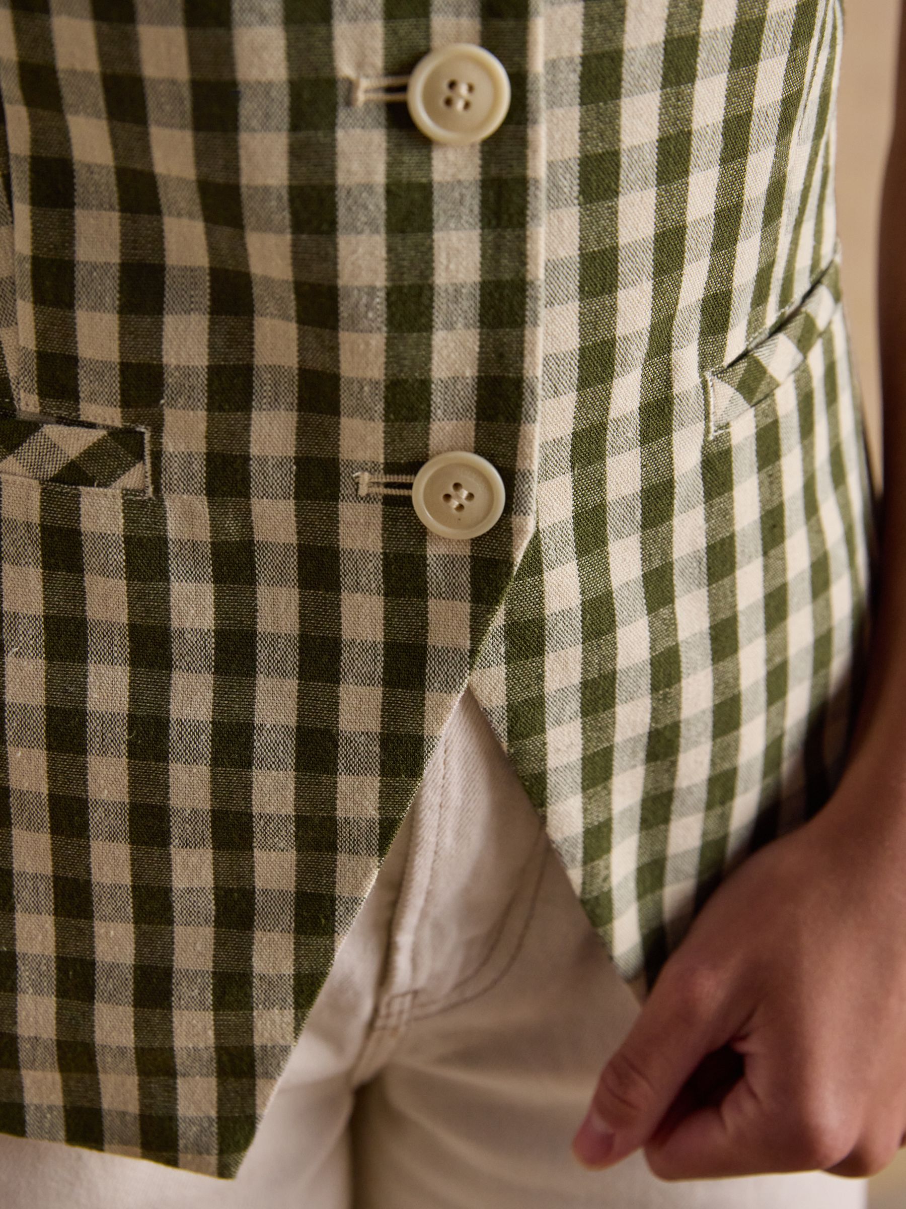 Nehru Collar Green Gingham Waistcoat - Image 5 of 10