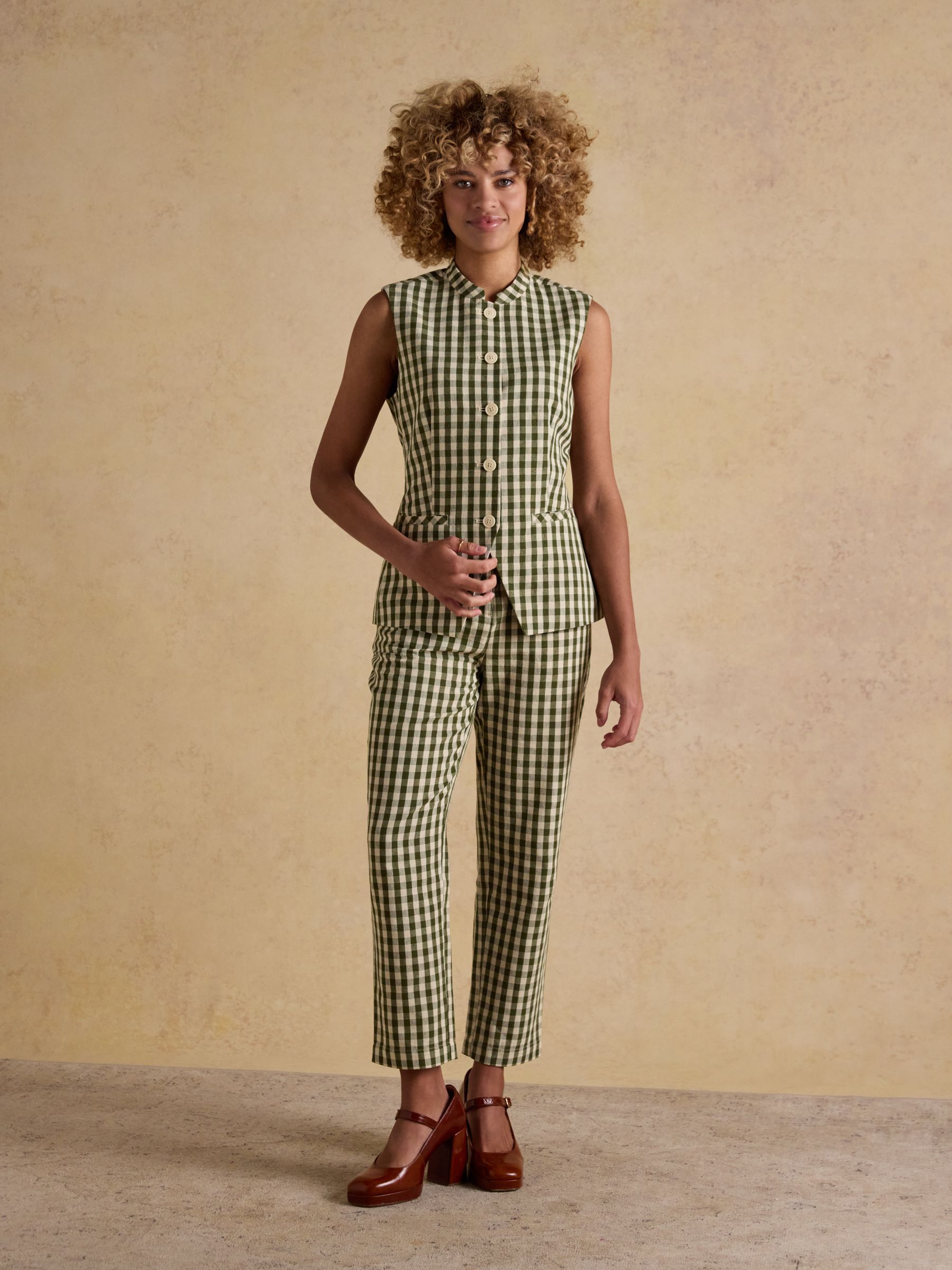 Nehru Collar Green Gingham Waistcoat - Image 6 of 10