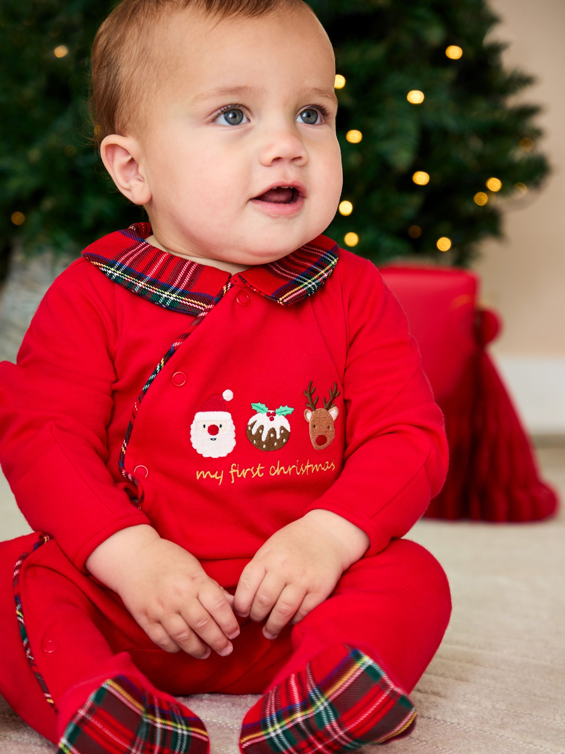 Red My First Christmas Tartan Sleepsuit JoJo Maman Bébé