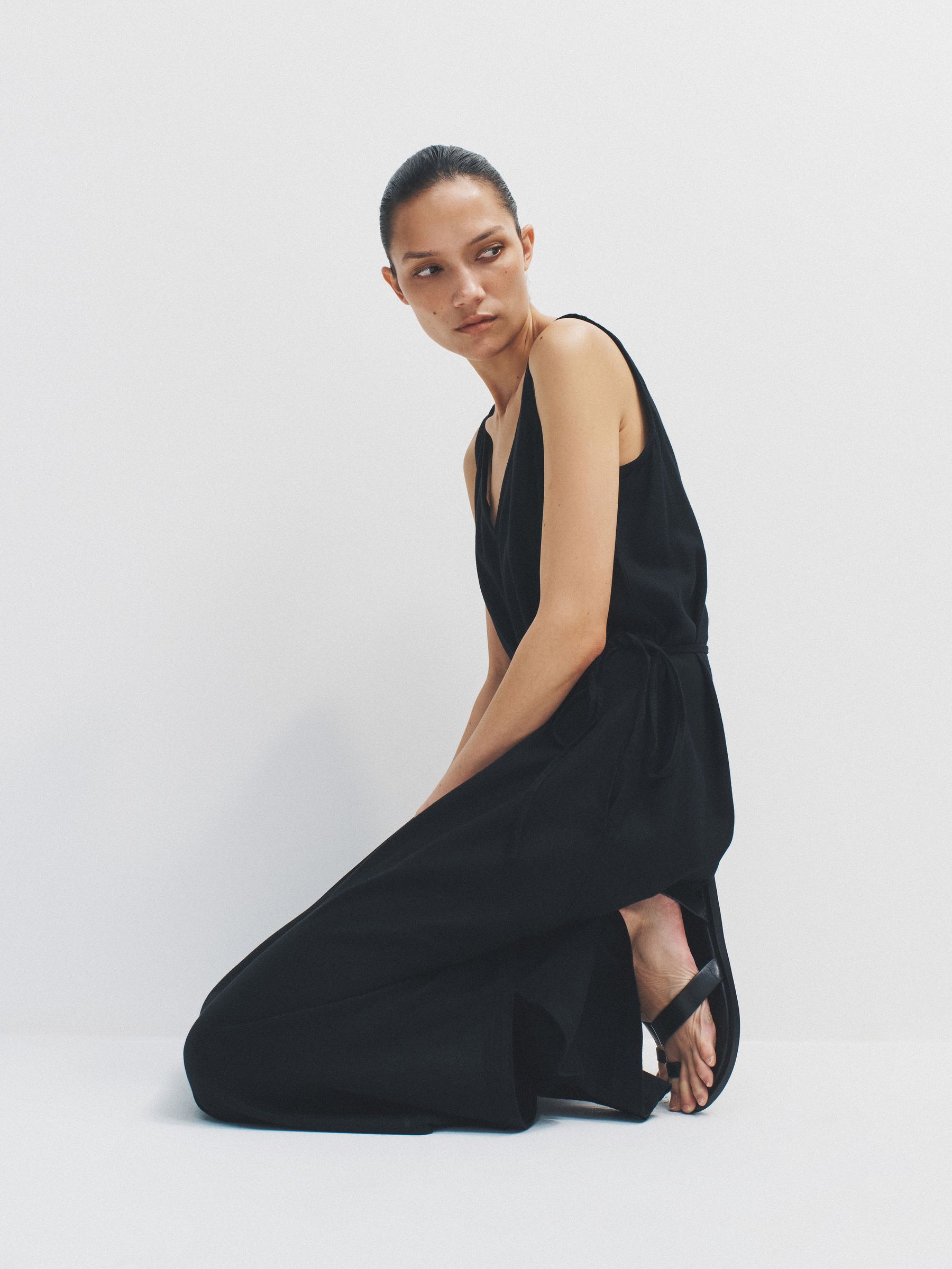 2 Pack Tie Waist Dresses With Linen Black/Stone - Image 4 of 6