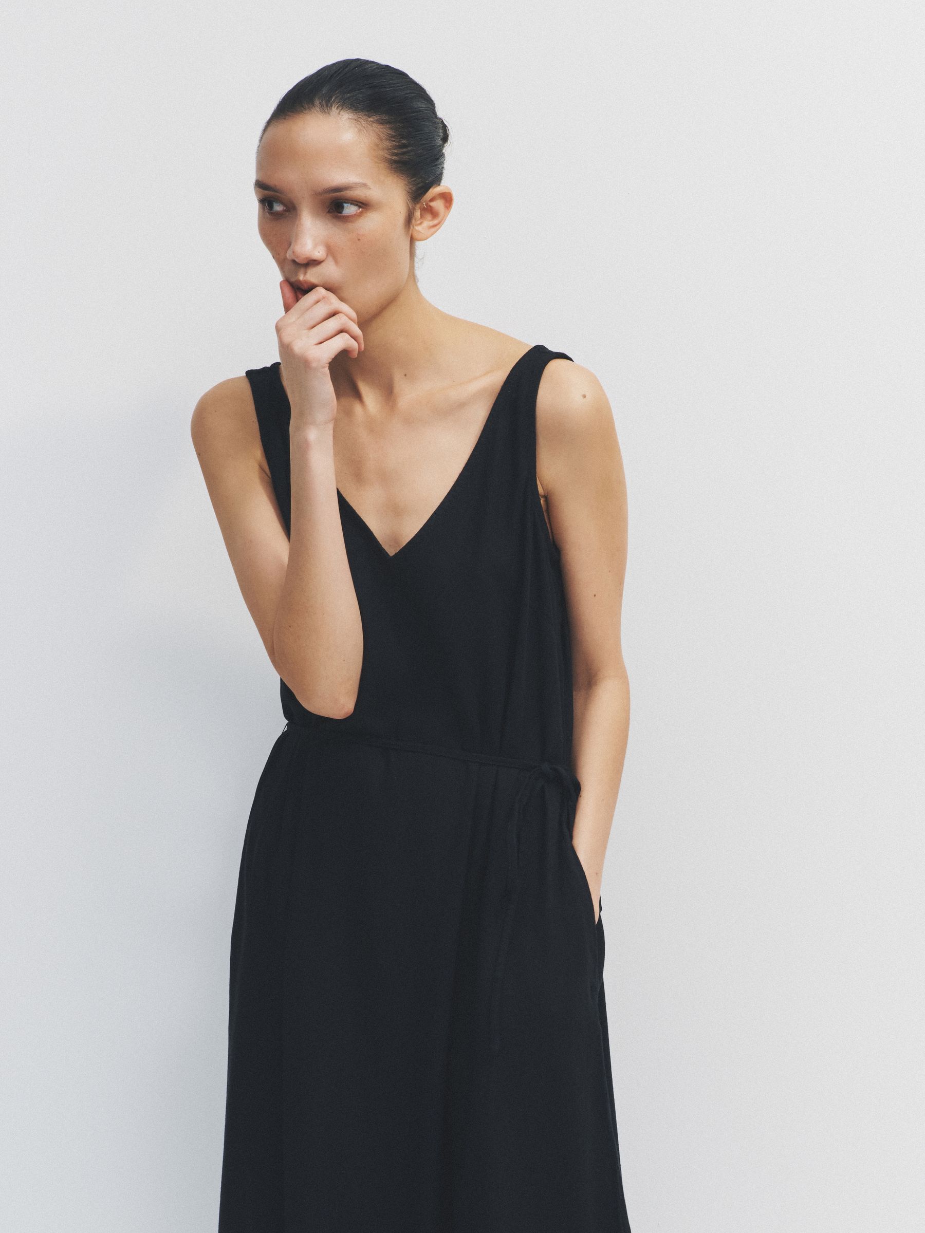 2 Pack Tie Waist Dresses With Linen Black/Stone - Image 5 of 6