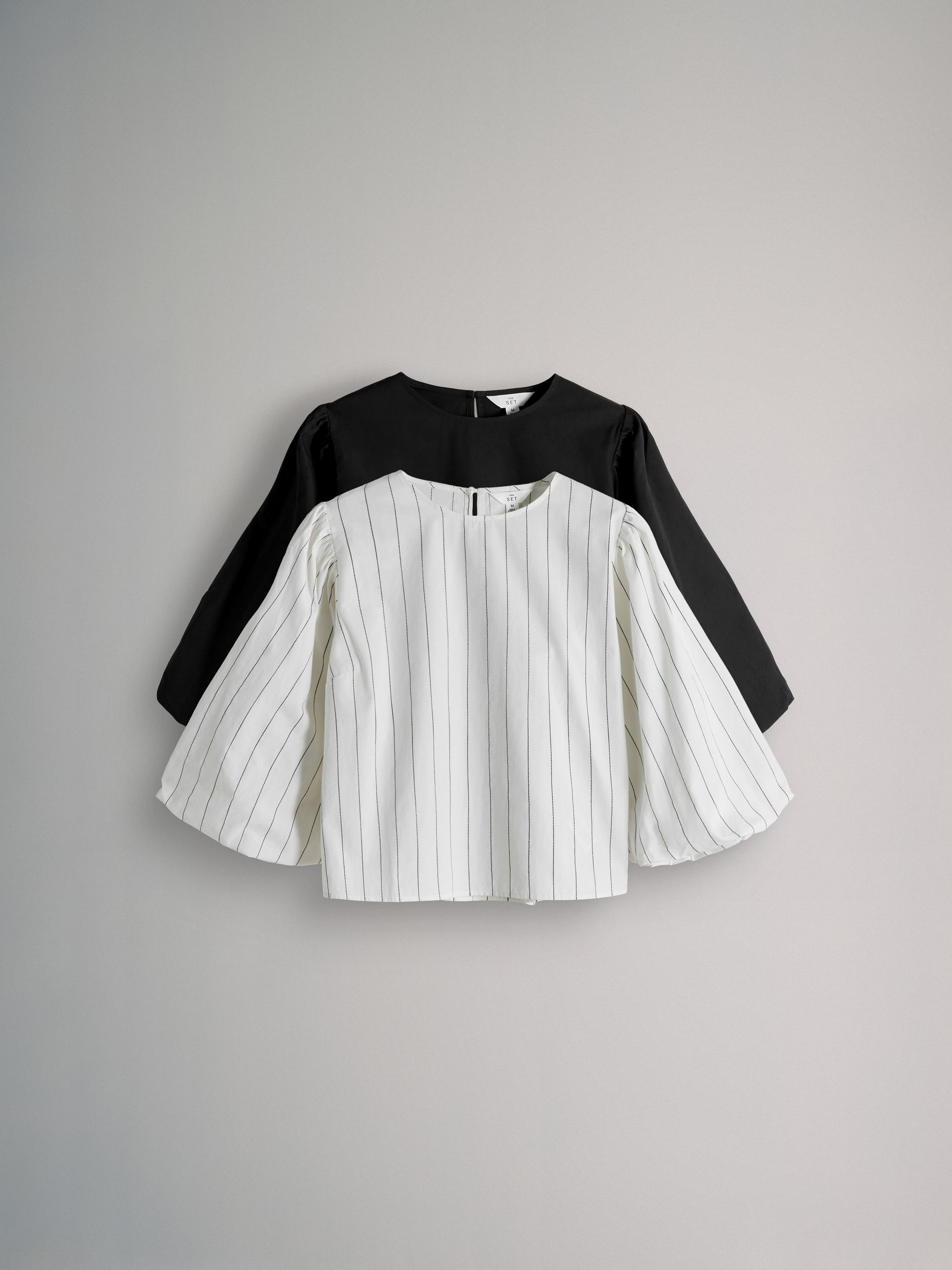 Black/White Pinstripe Puff Sleeve Poplin Blouse 2 Pack - Image 1 of 5