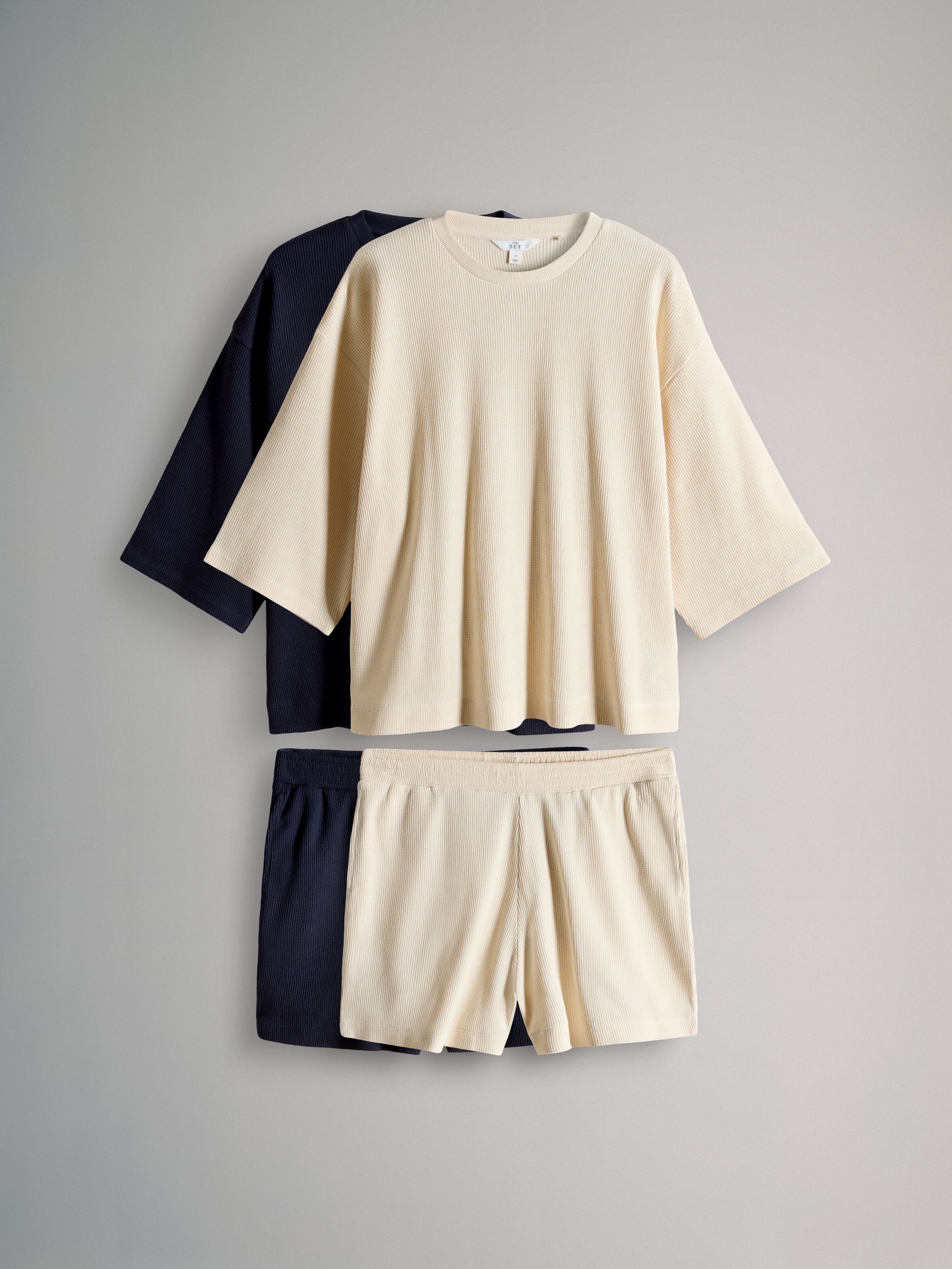 2 Pack Oversized T-Shirt and Short Waffle Lounge Set Navy/Ecru Cream - Image 1 of 6