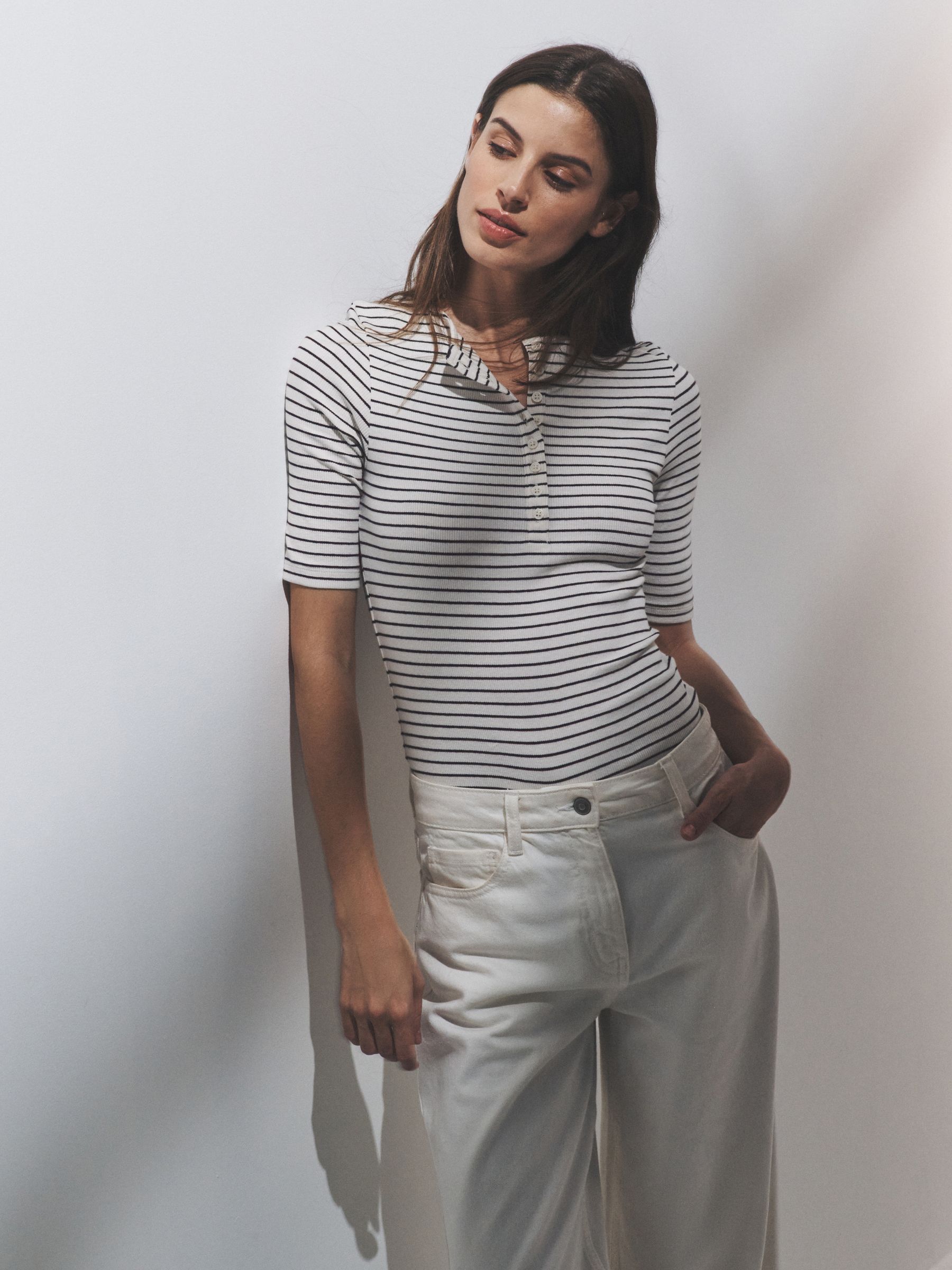 4 Pack Ribbed Half Sleeve Henley T Shirt Navy/Light Blue/White/Stripe - Image 1 of 6