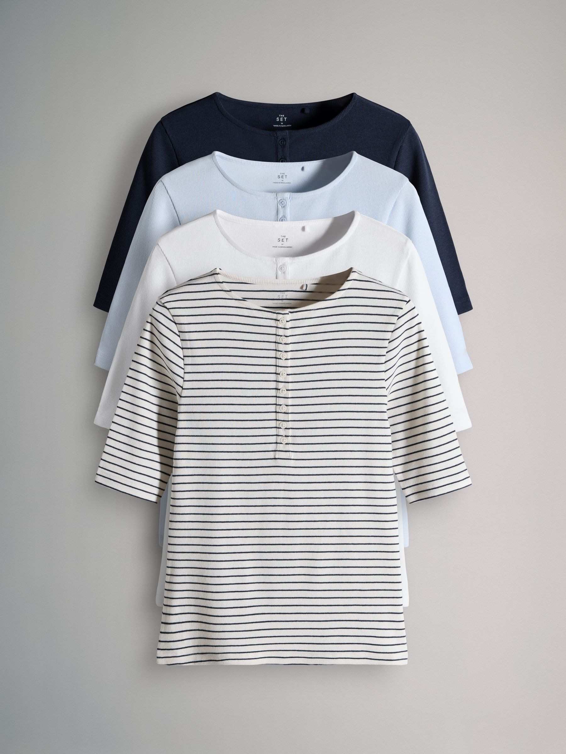 4 Pack Ribbed Half Sleeve Henley T Shirt Navy/Light Blue/White/Stripe - Image 2 of 6