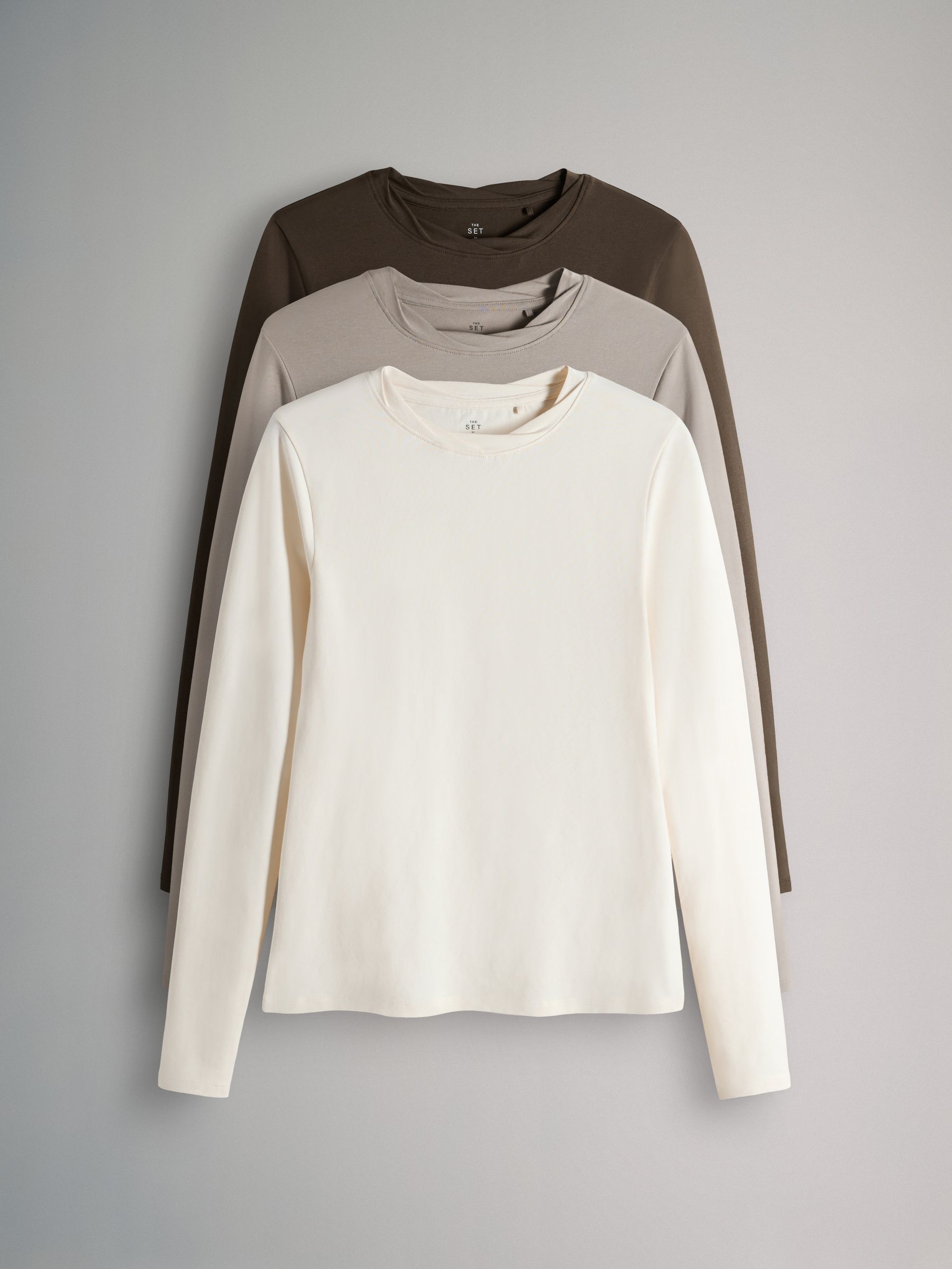 3 Pack Twist Neck Long Sleeve T-Shirts Chocolate Brown/Taupe Brown/Cream - Image 1 of 6