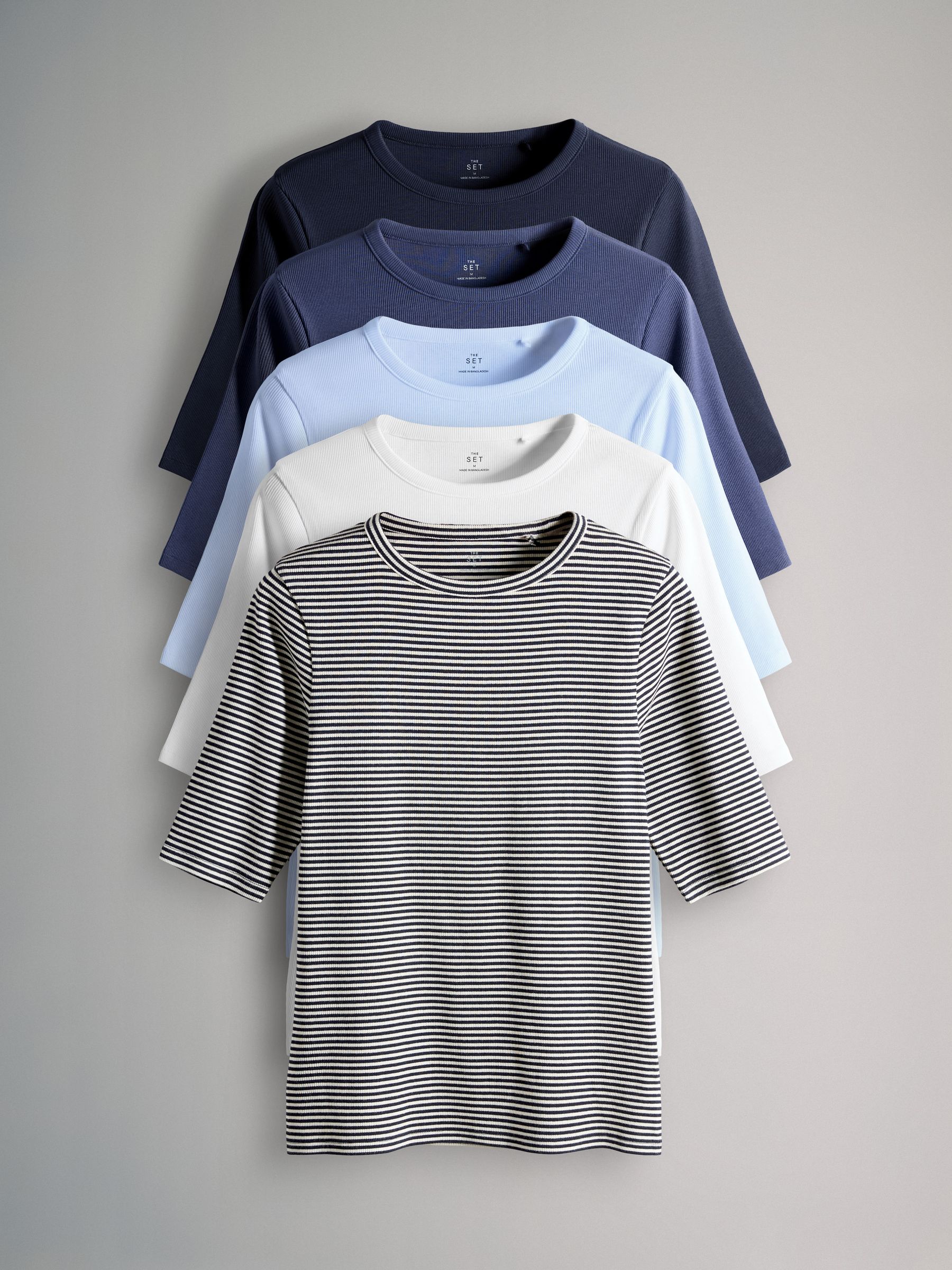 Navy/Blue/Light Blue/White/Stripe 5 Pack Ribbed Half Sleeve T-Shirts - Image 1 of 6