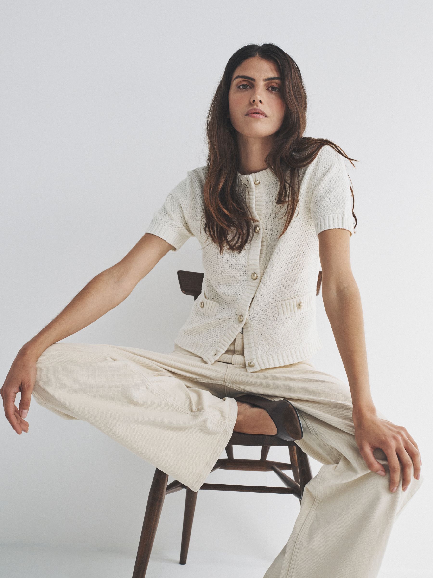 2 Pack Gold Button Knitted Short Sleeve Cardigans Cream/Black - Image 1 of 5