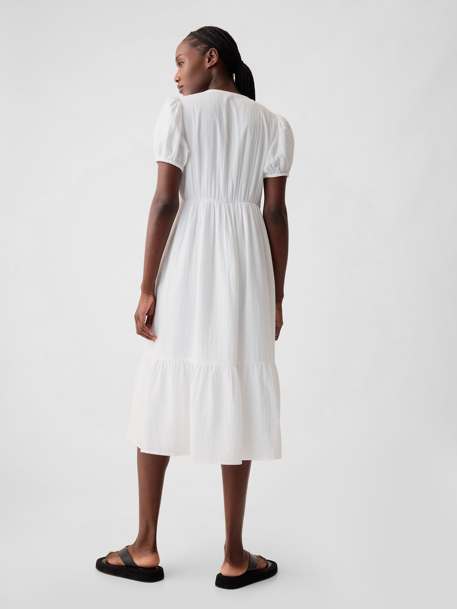 White Crinkle Gauze V Neck Midi Dress - Image 2 of 5