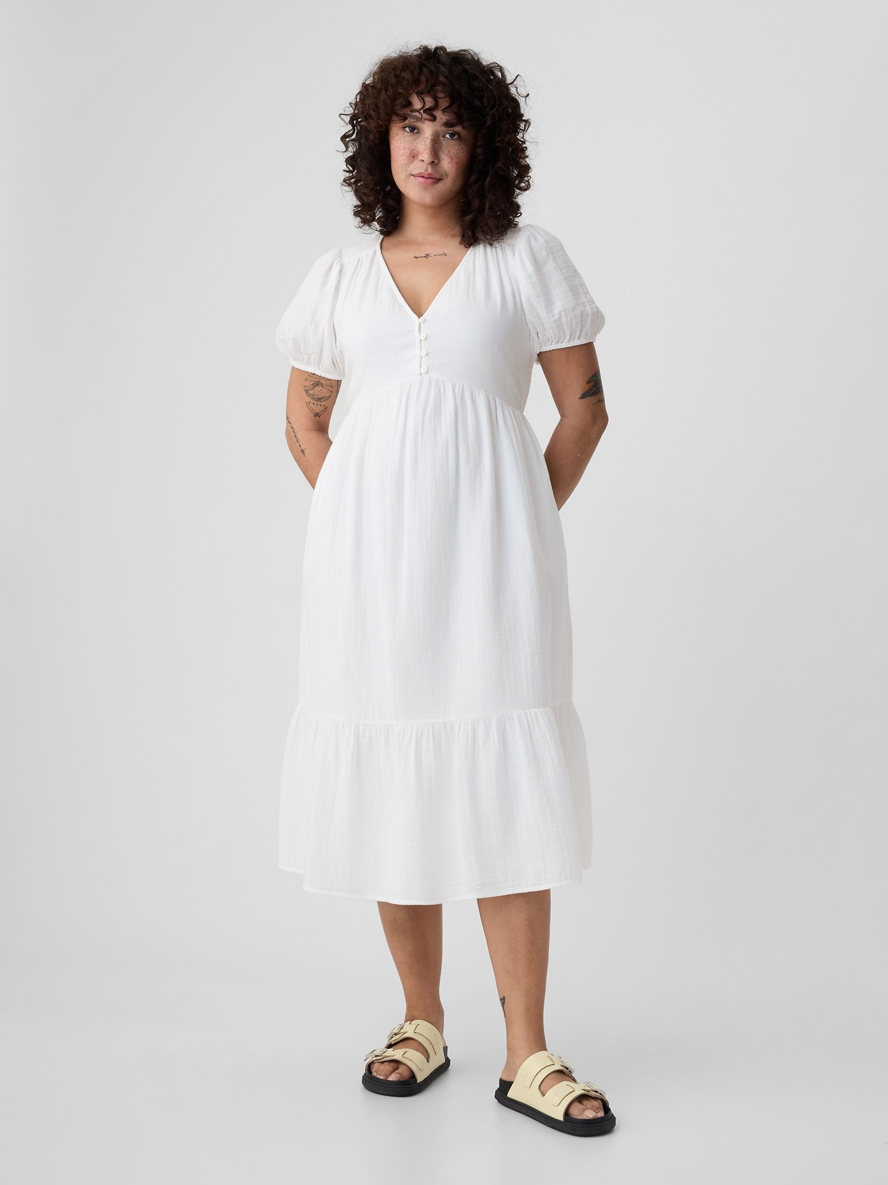 White Crinkle Gauze V Neck Midi Dress - Image 4 of 5