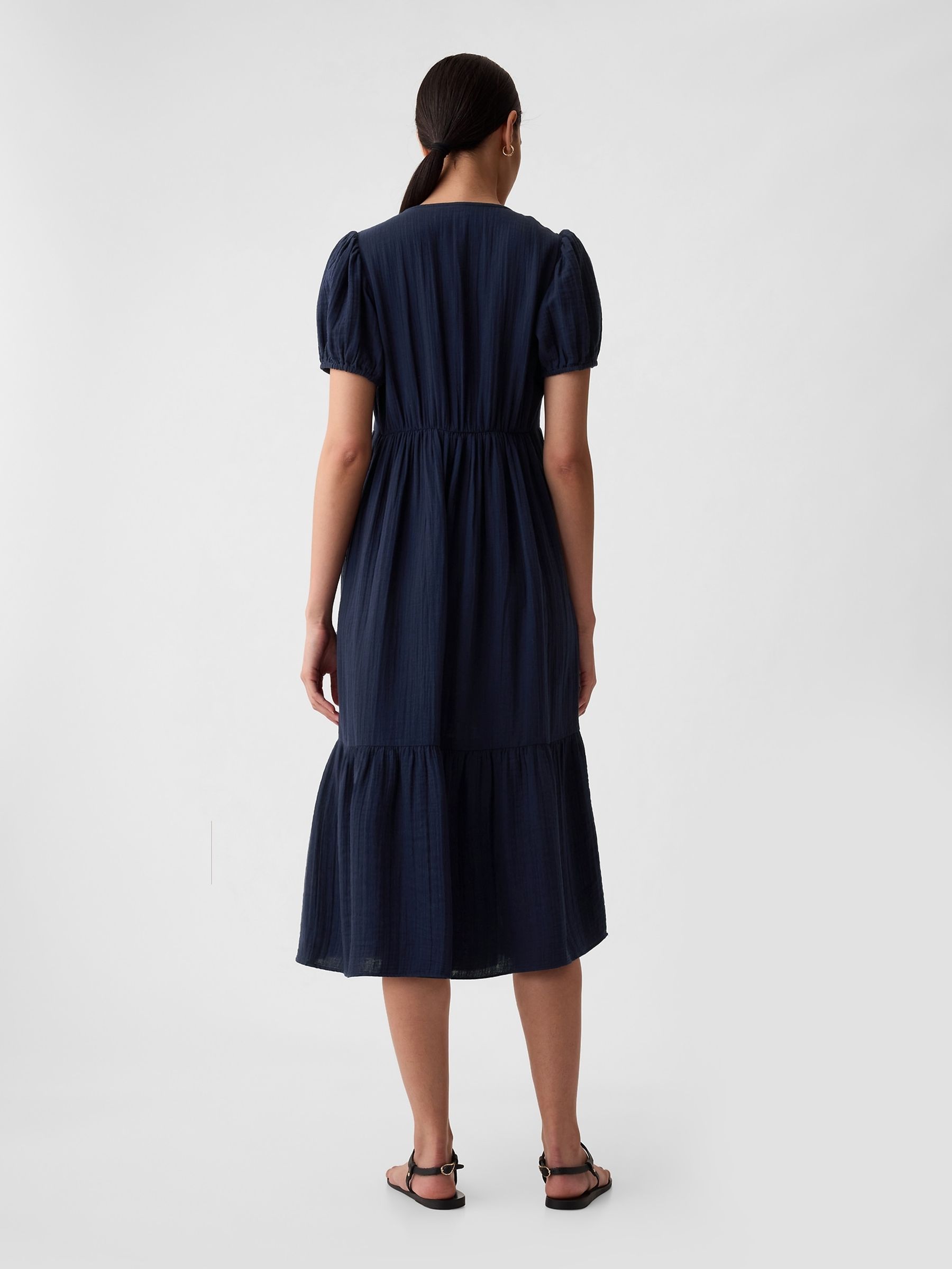 Navy Blue Crinkle Gauze V Neck Midi Dress - Image 2 of 5