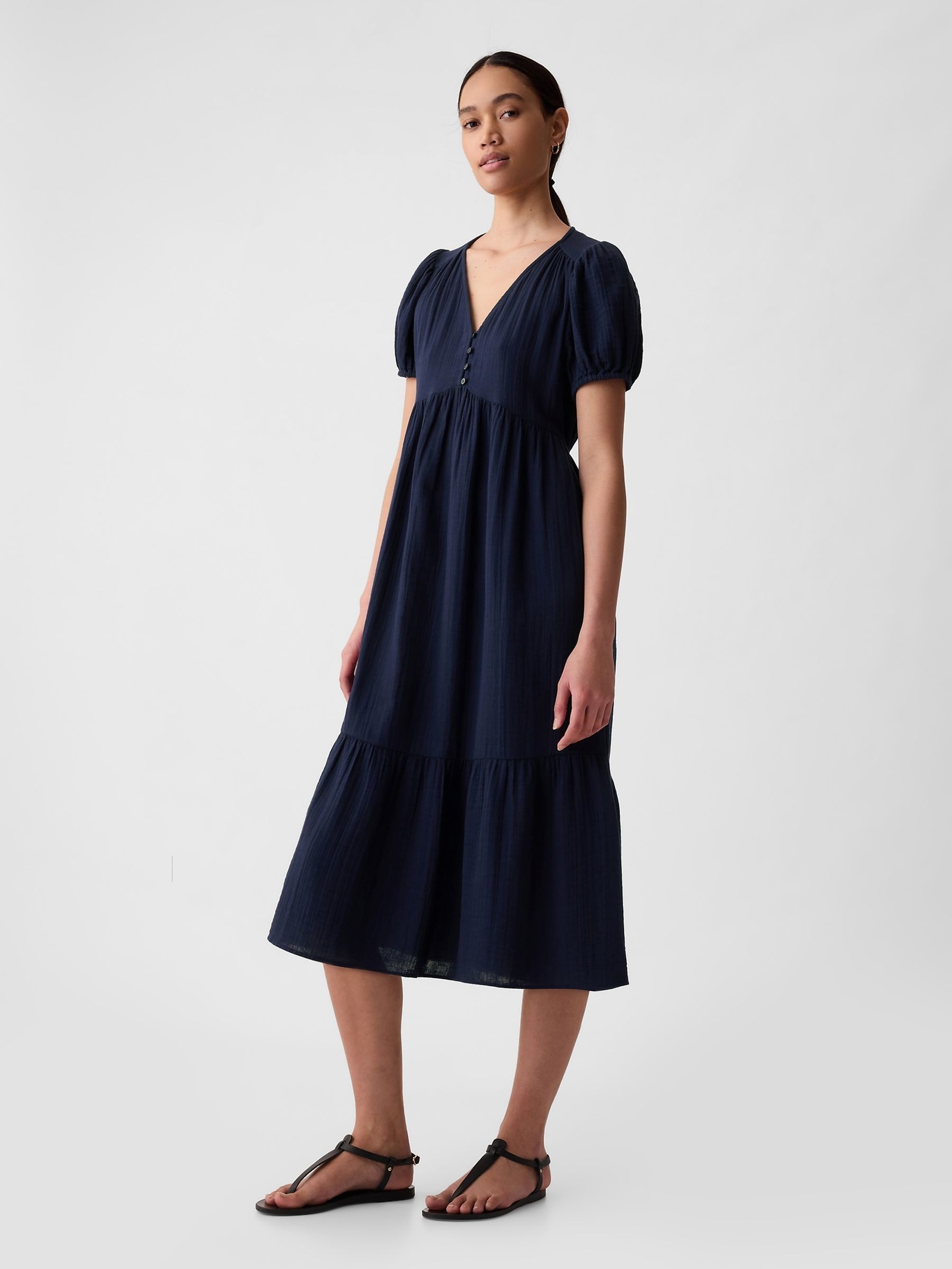 Navy Blue Crinkle Gauze V Neck Midi Dress - Image 3 of 5