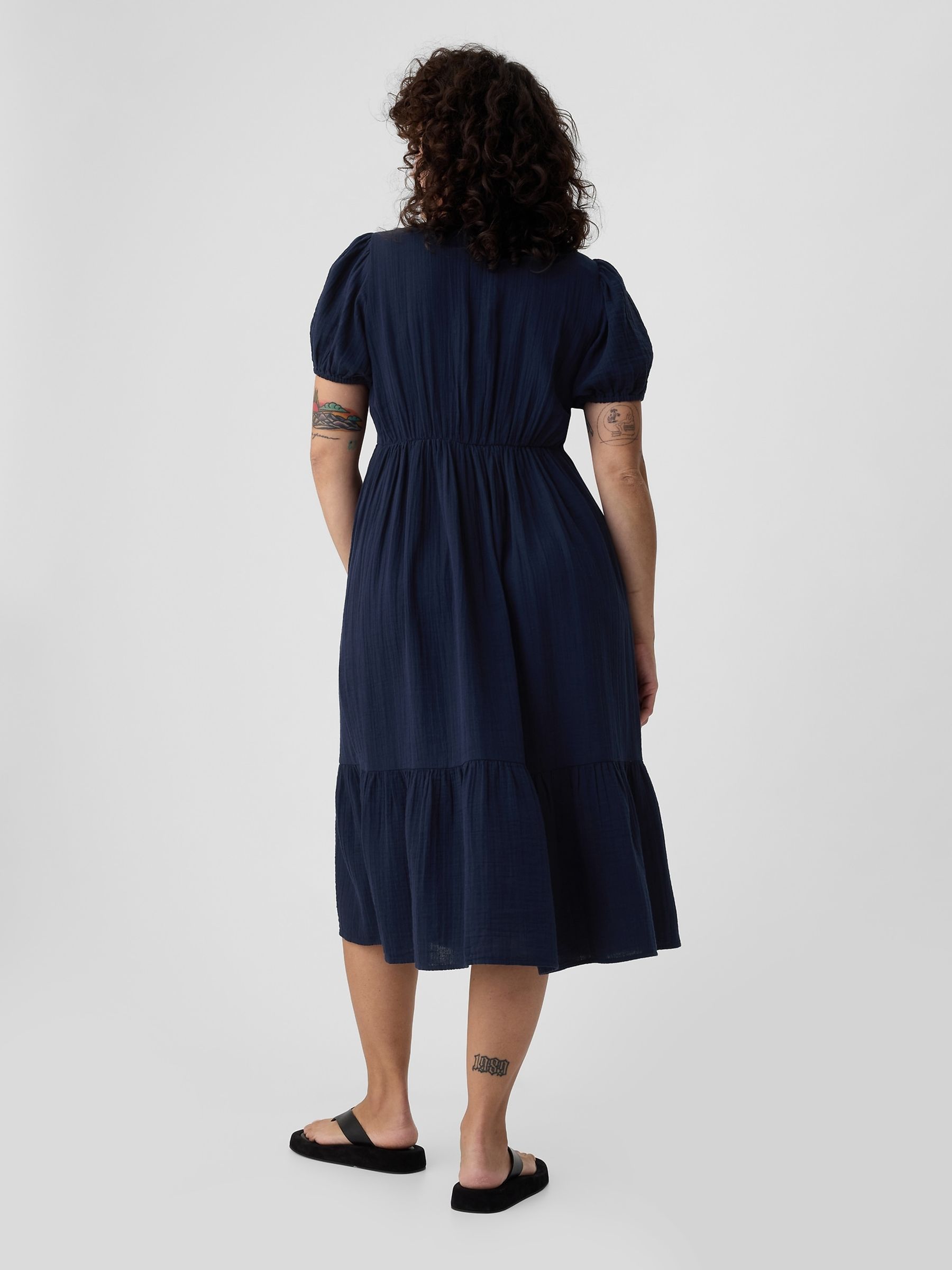 Navy Blue Crinkle Gauze V Neck Midi Dress - Image 5 of 5