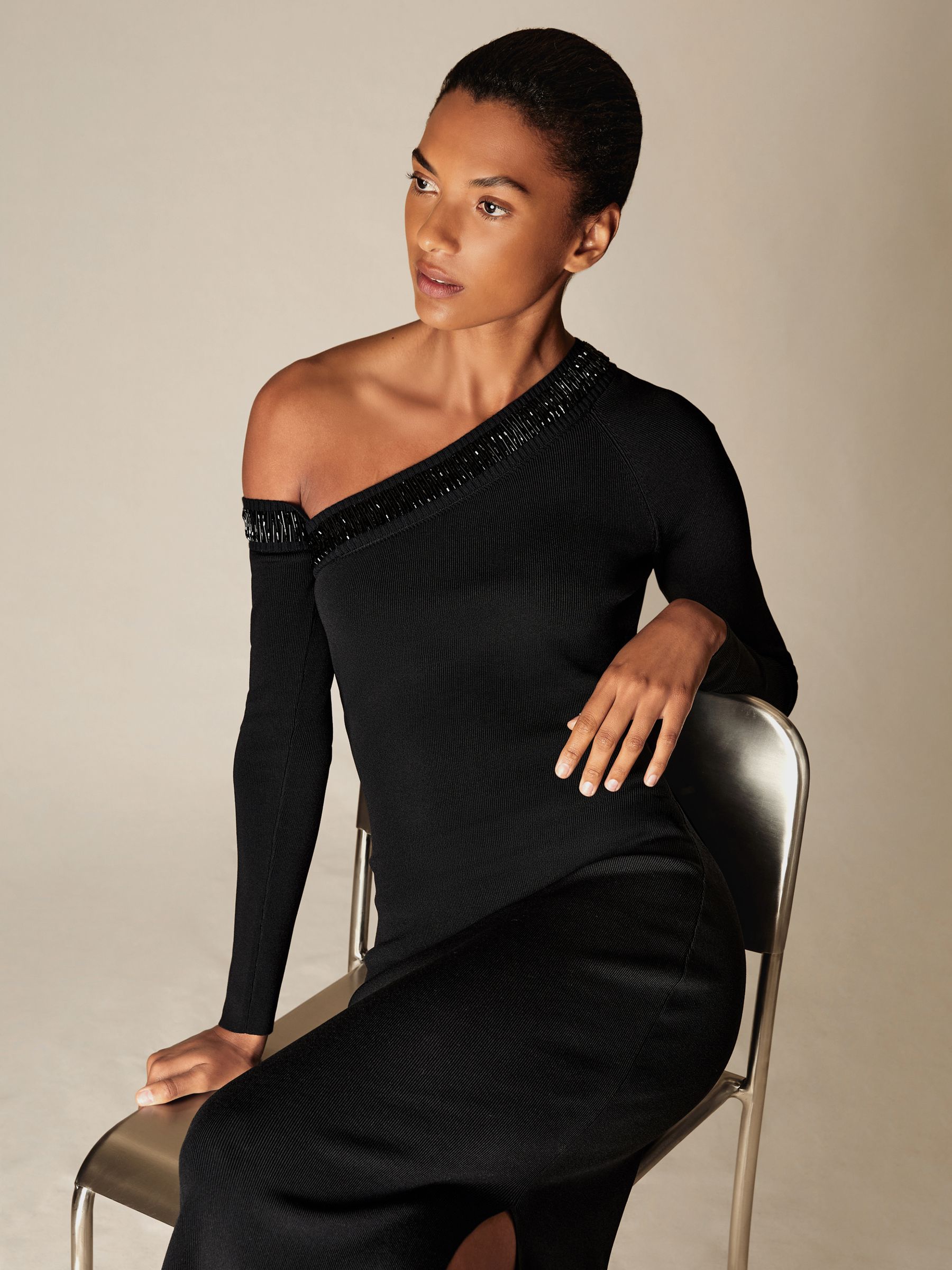 Bead-Detail Off-Shoulder Knit Dress in Black - image 3