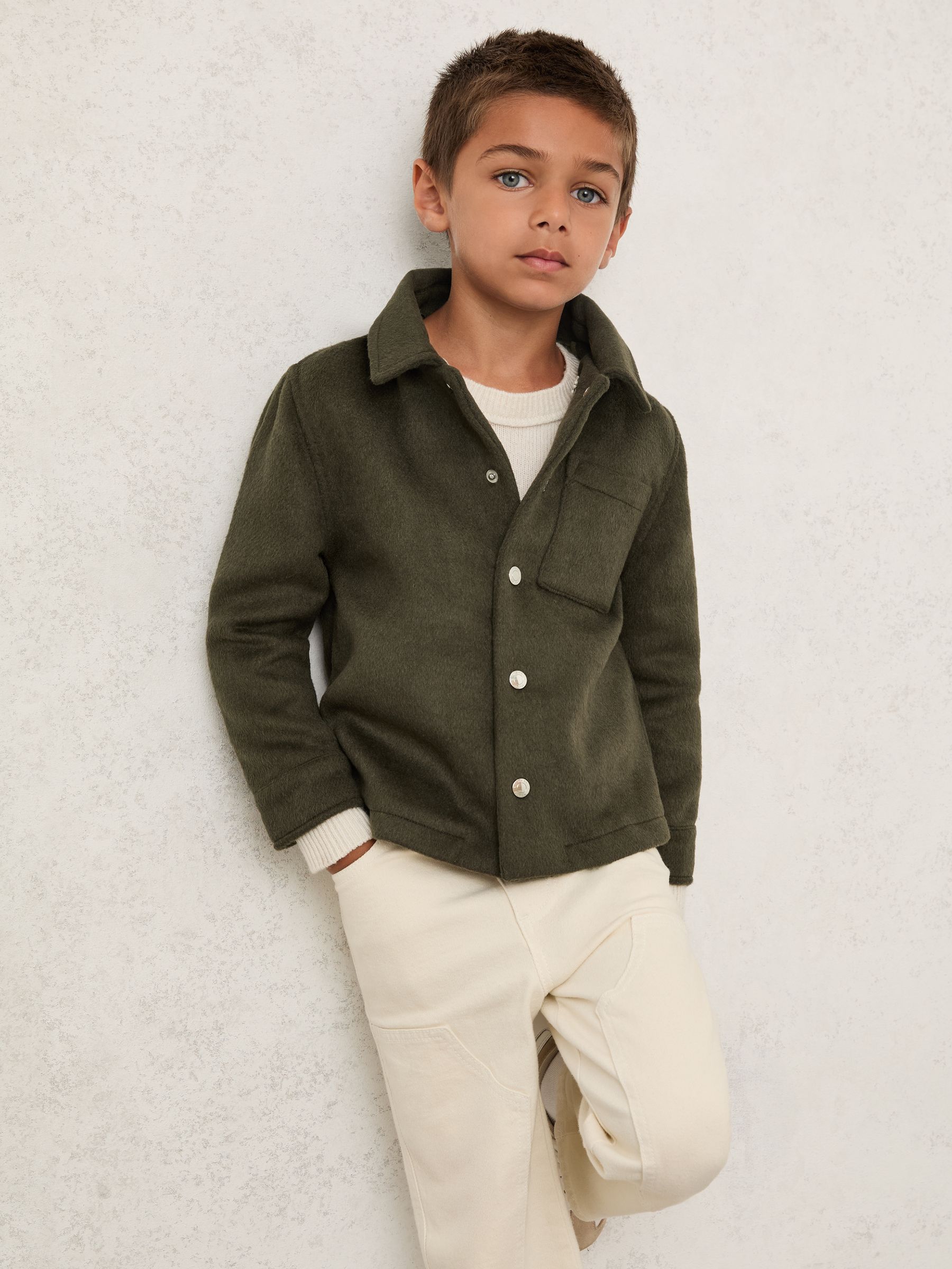 3-9 yrs Wool-Blend Detachable-Hood Overshirt in Dark Sage Green - Image 1 of 4