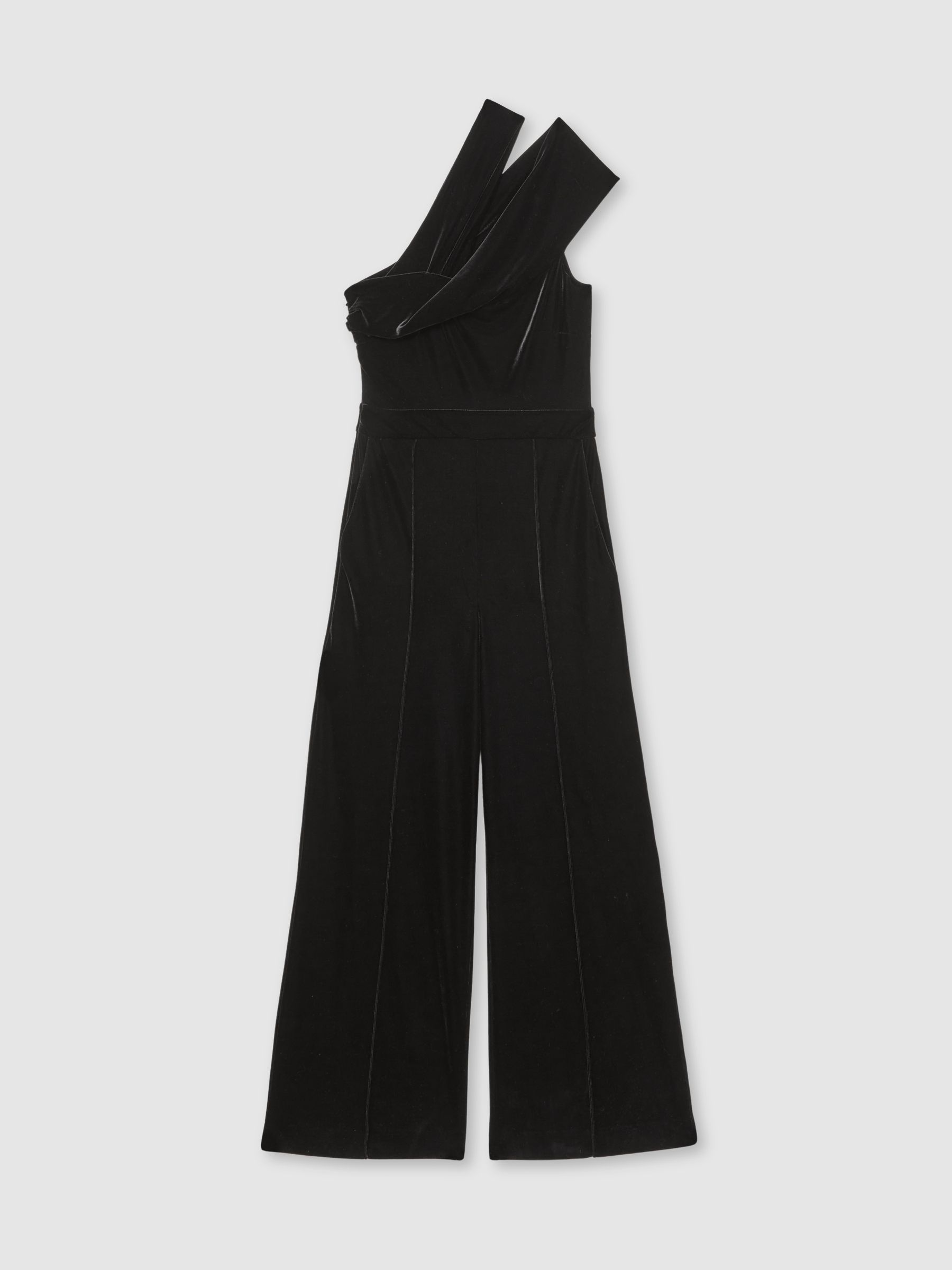 Velvet One-Shoulder Wide-Leg Jumpsuit in Black - Image 2 of 7