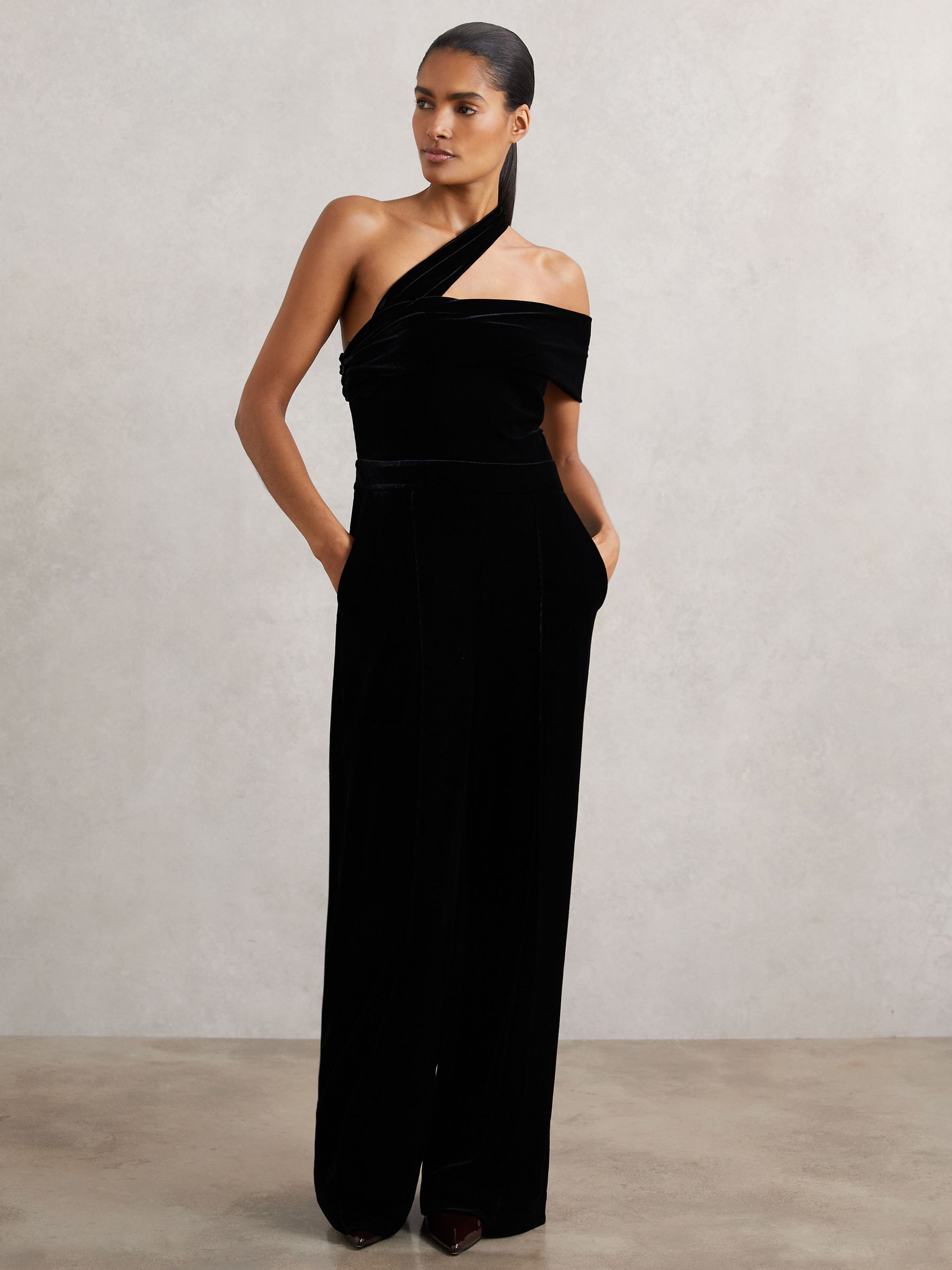 Velvet One-Shoulder Wide-Leg Jumpsuit in Black - Image 4 of 7