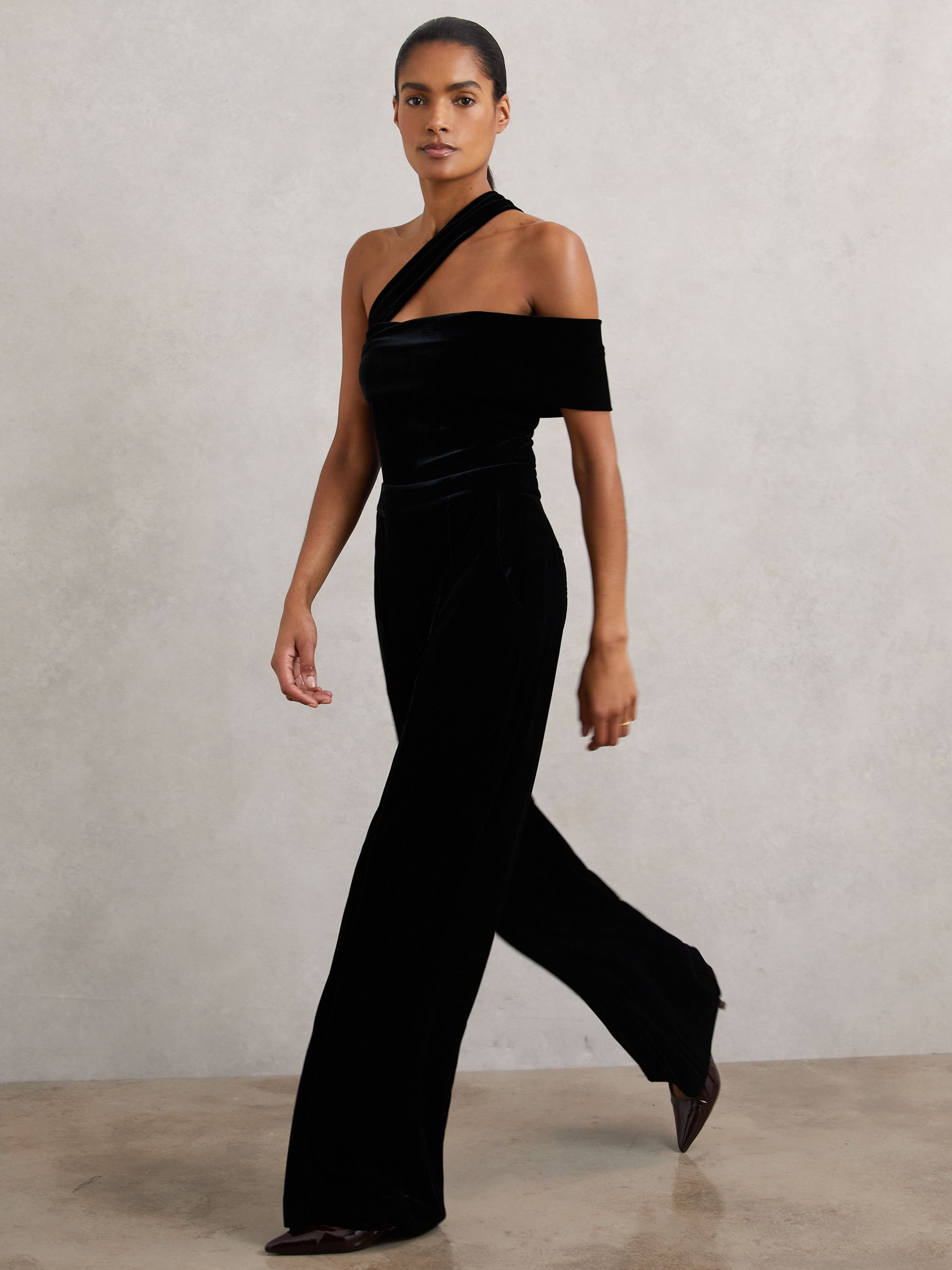 Velvet One-Shoulder Wide-Leg Jumpsuit in Black - Image 5 of 7