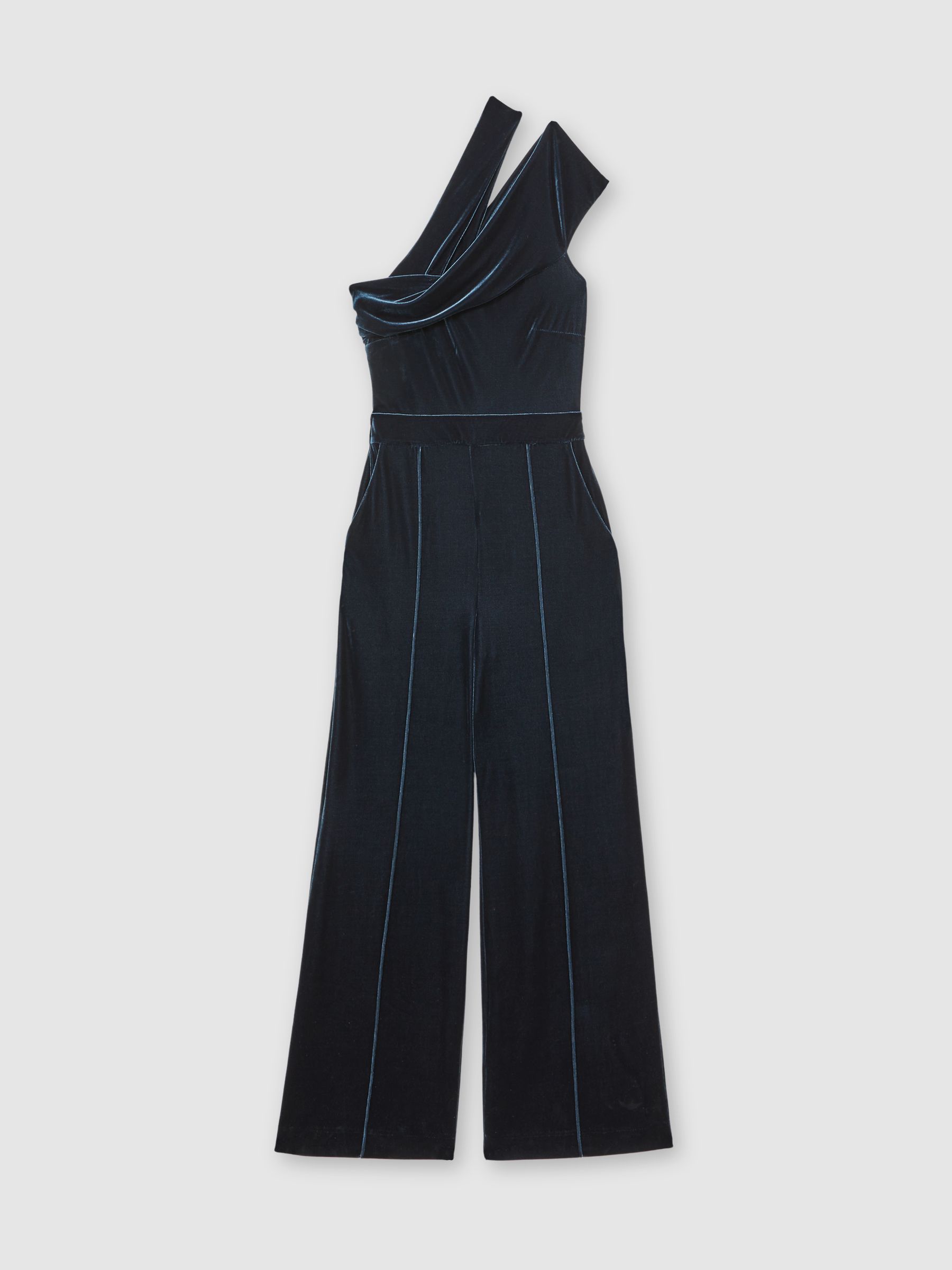 Velvet One-Shoulder Wide-Leg Jumpsuit in Teal Green - Image 2 of 6