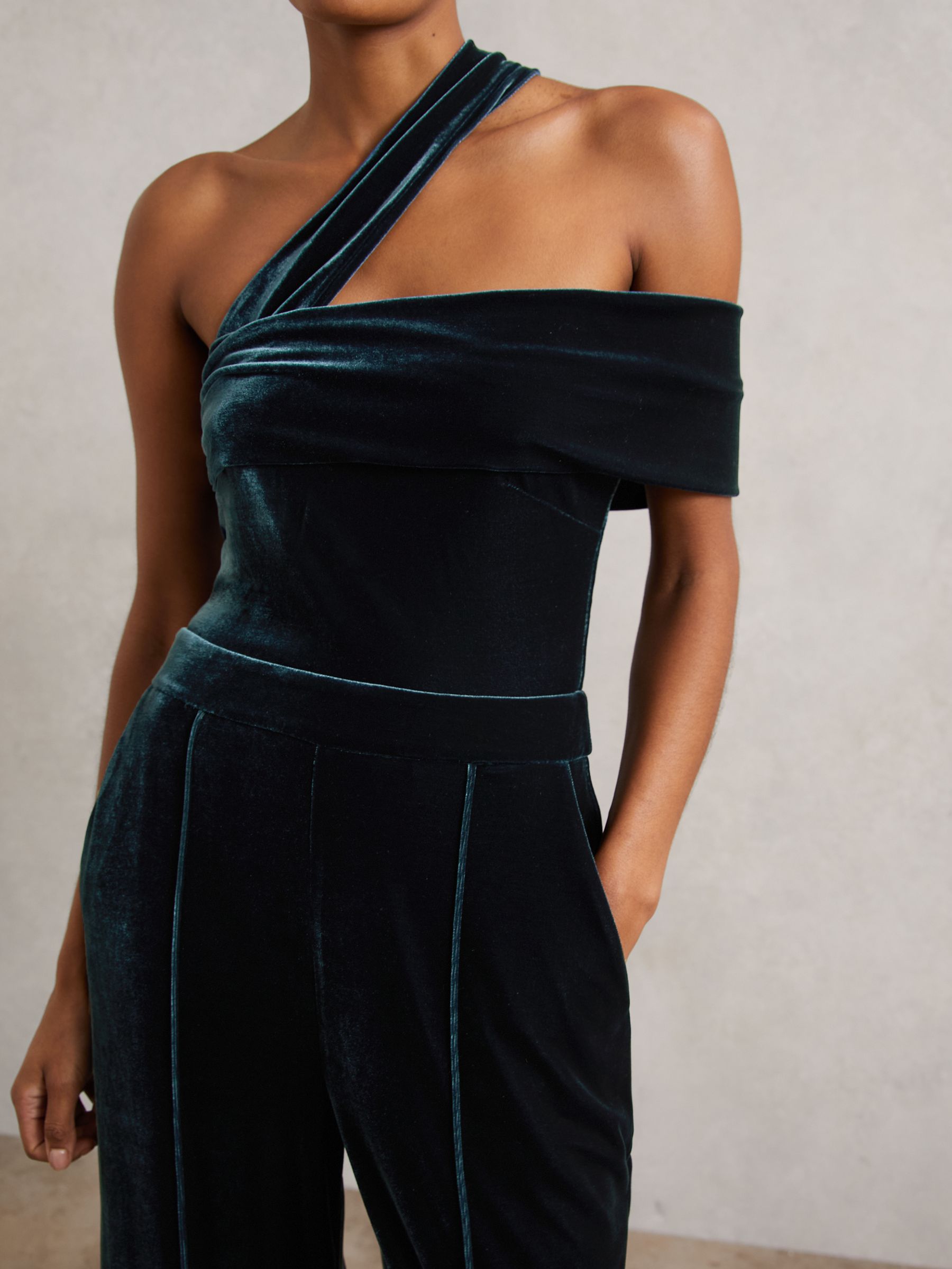 Velvet One-Shoulder Wide-Leg Jumpsuit in Teal Green - Image 3 of 6