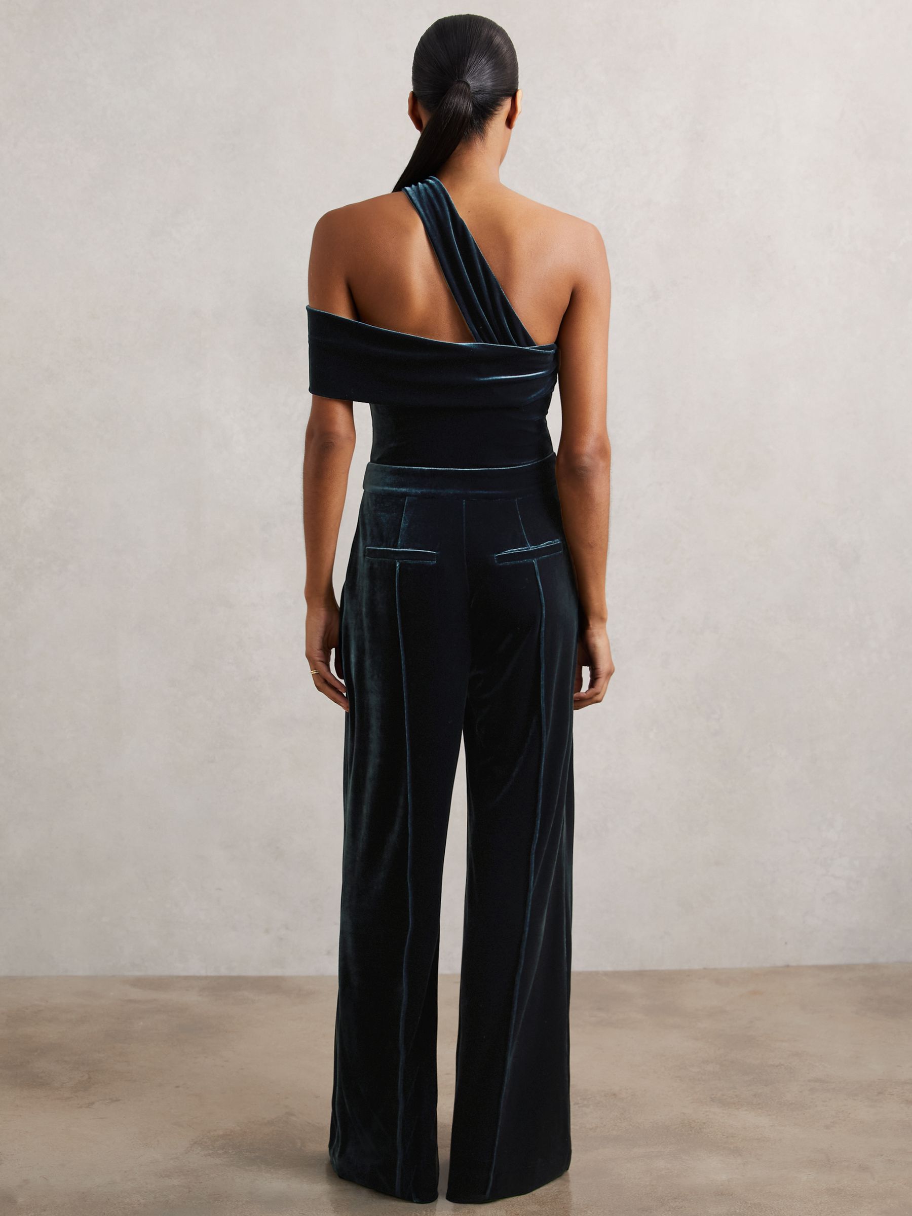 Velvet One-Shoulder Wide-Leg Jumpsuit in Teal Green - Image 5 of 6