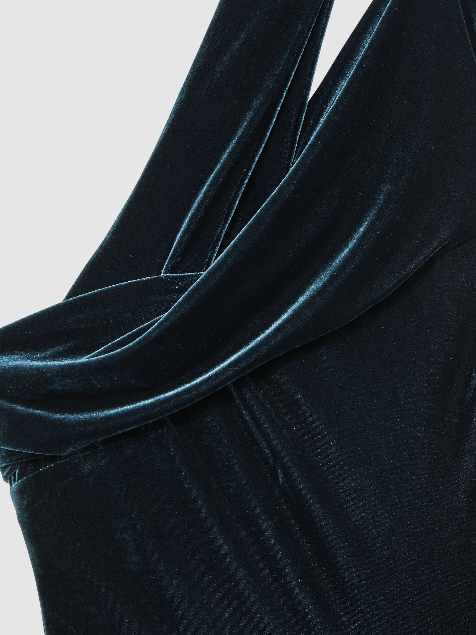 Velvet One-Shoulder Wide-Leg Jumpsuit in Teal Green - Image 6 of 6