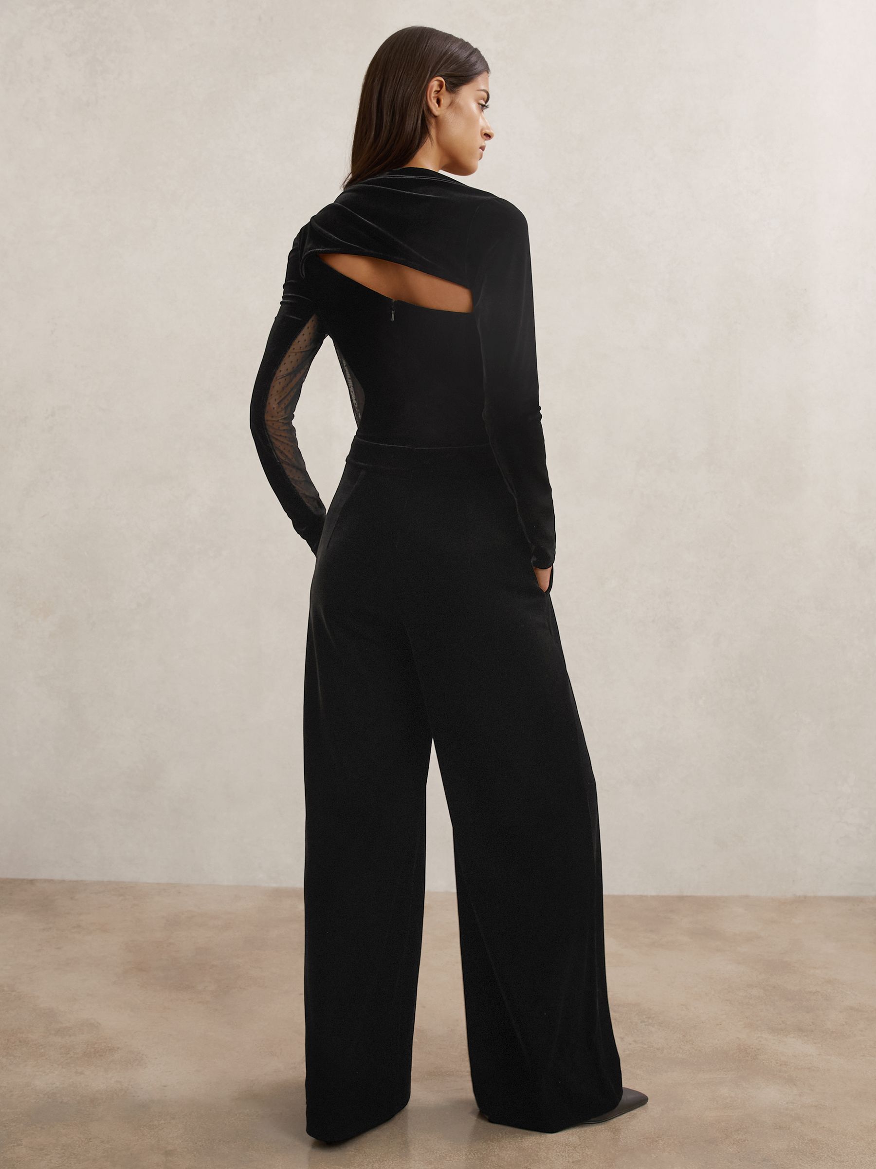 Velvet Sheer-Panel Wide-Leg Jumpsuit in Black - image 4