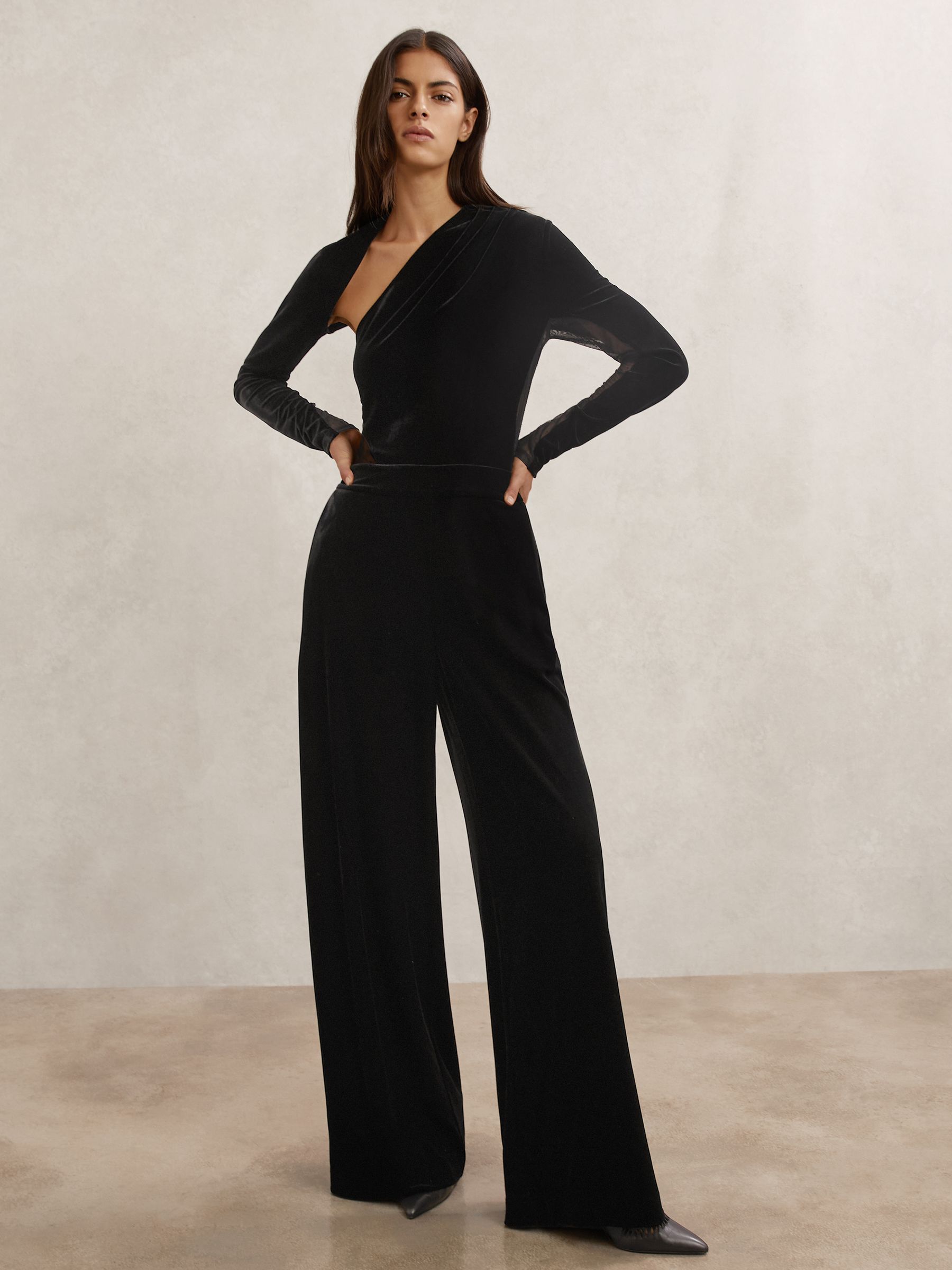 Velvet Sheer-Panel Wide-Leg Jumpsuit in Black - image 3