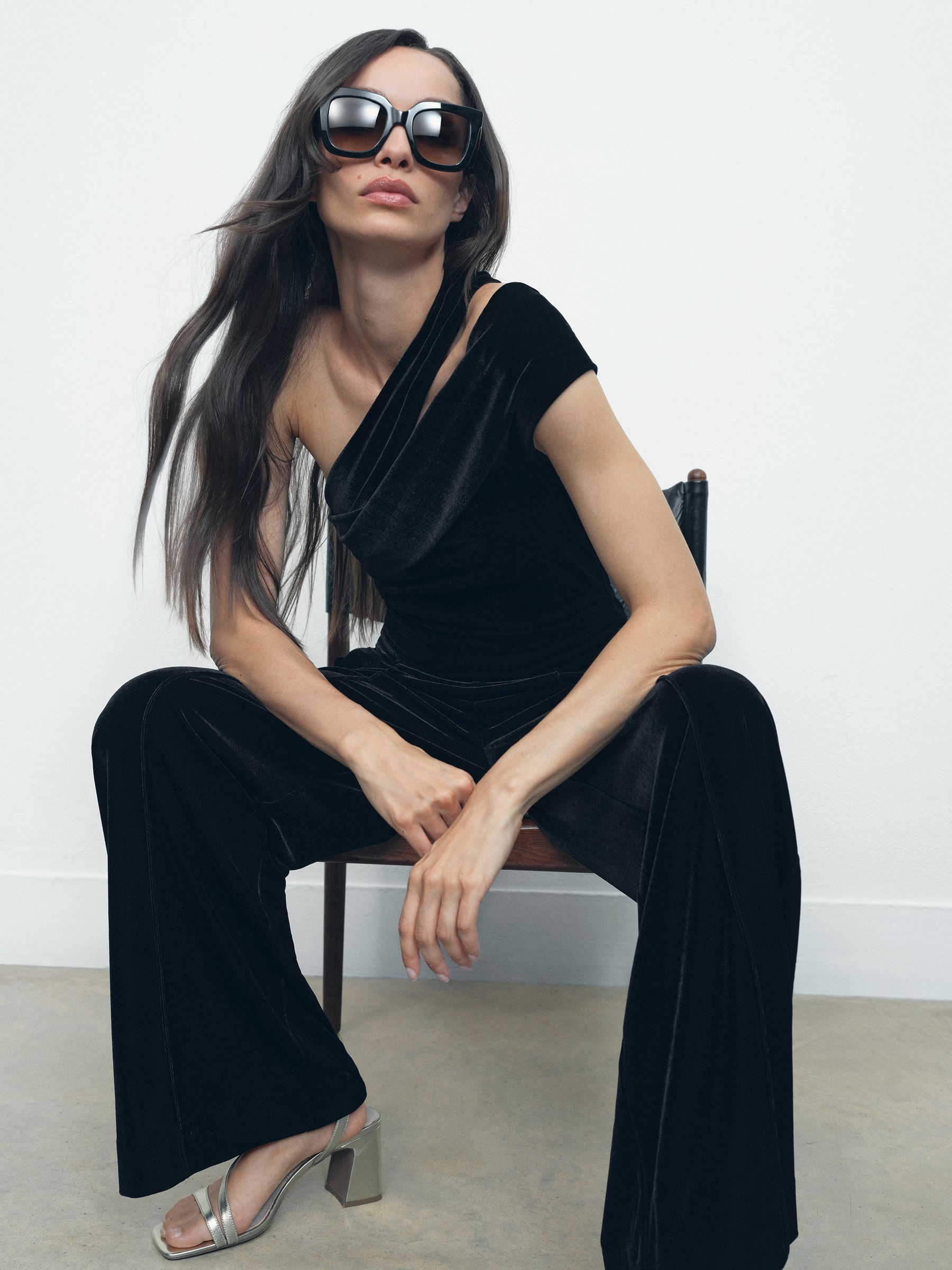 Reiss Petite Velvet One-Shoulder Wide-Leg Jumpsuit in Black | REISS
