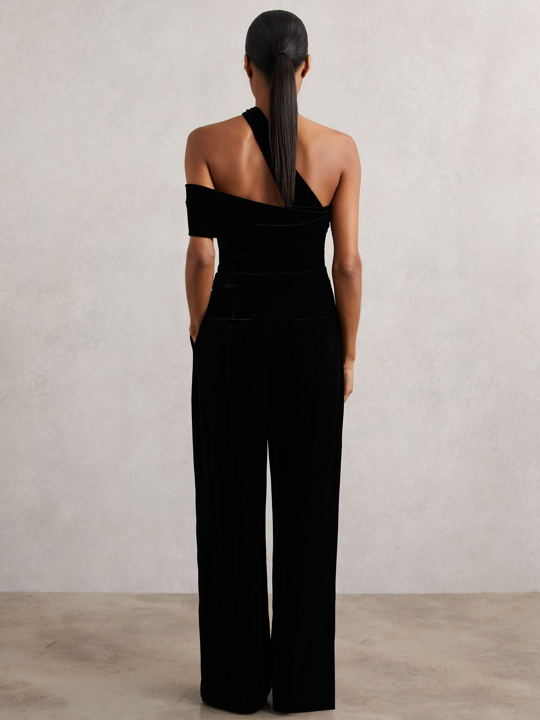 Petite Velvet One-Shoulder Wide-Leg Jumpsuit in Black - Image 6 of 8
