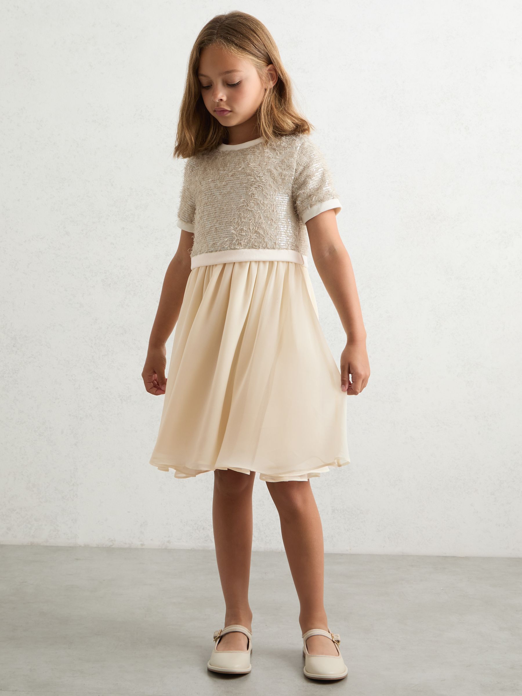 9-13 yrs Sequin-Top Chiffon-Skirt Dress in Champagne - Image 1 of 4 9-13 yrs Sequin-Top Chiffon-Skirt Dress in Champagne - Image 1 of 4