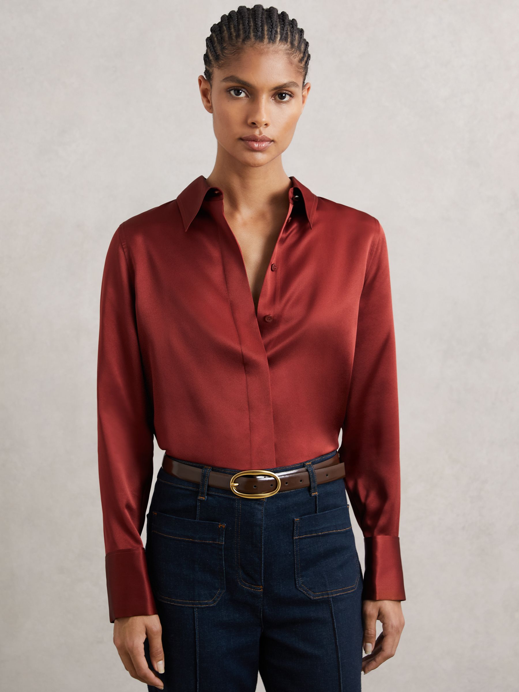 Silk-Satin Concealed-Placket Shirt in Dark Red - Image 3 of 6