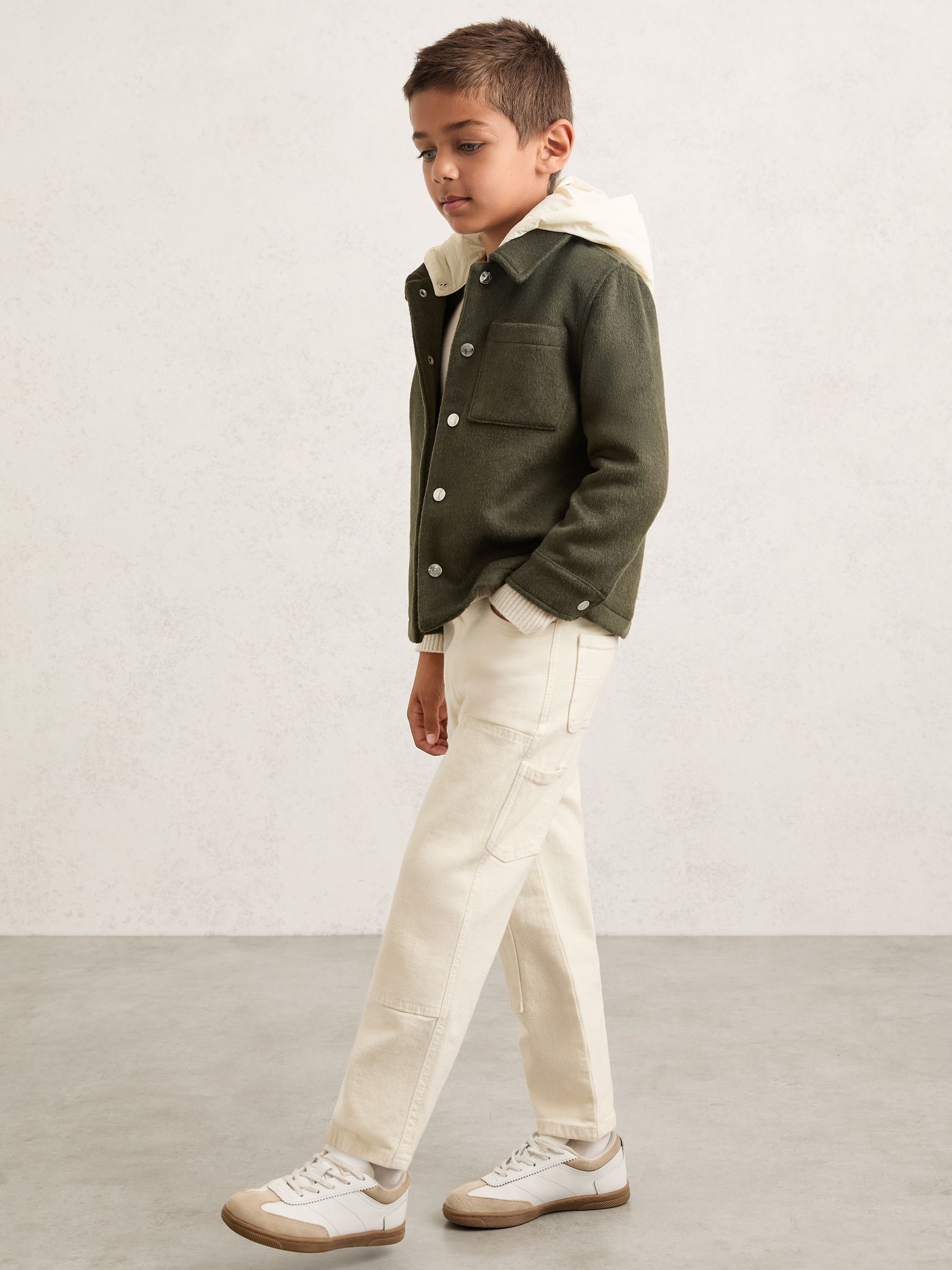 9-13 yrs Wool-Blend Detachable-Hood Overshirt in Dark Sage Green - Image 1 of 4