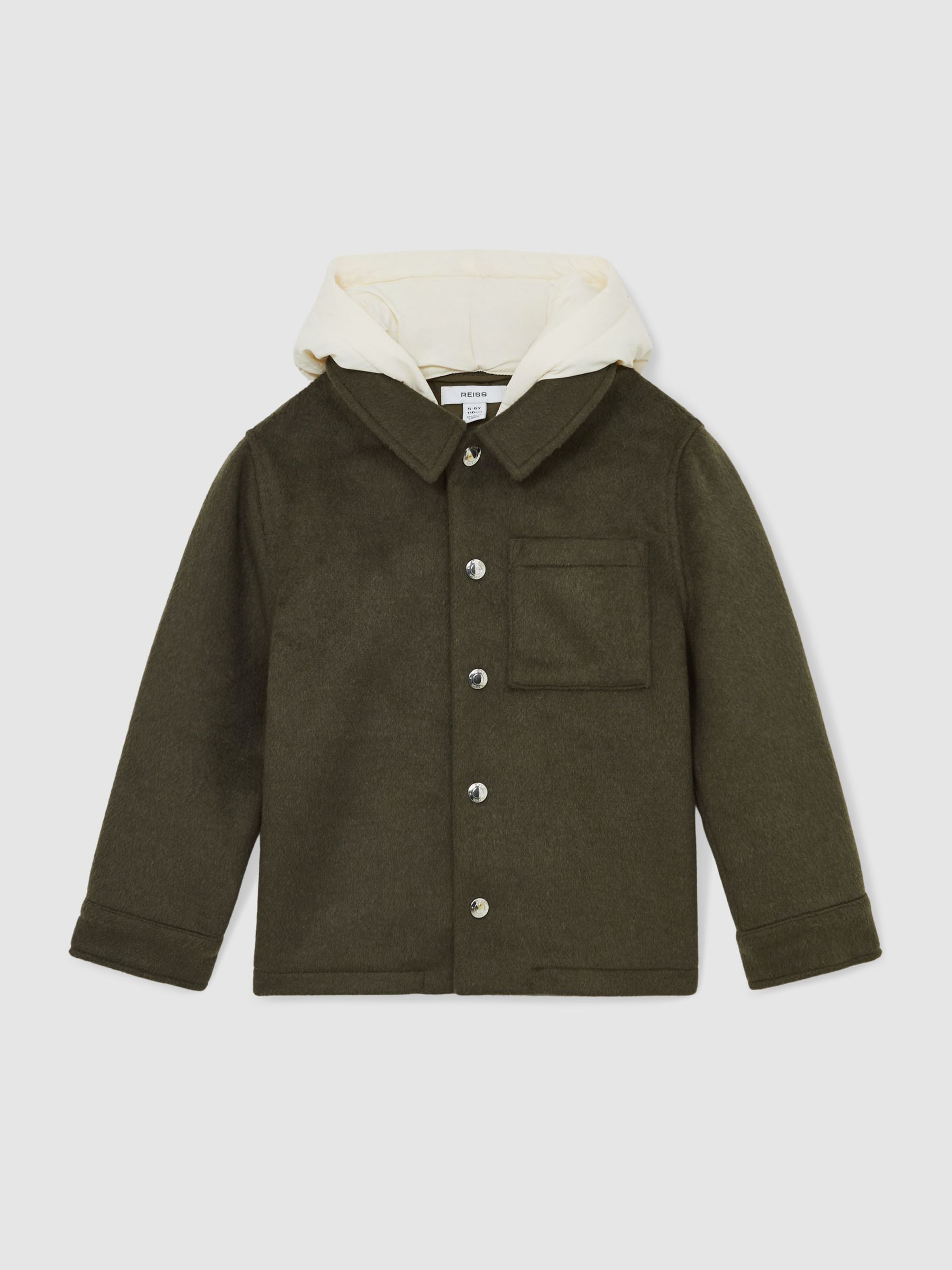 9-13 yrs Wool-Blend Detachable-Hood Overshirt in Dark Sage Green - Image 2 of 4