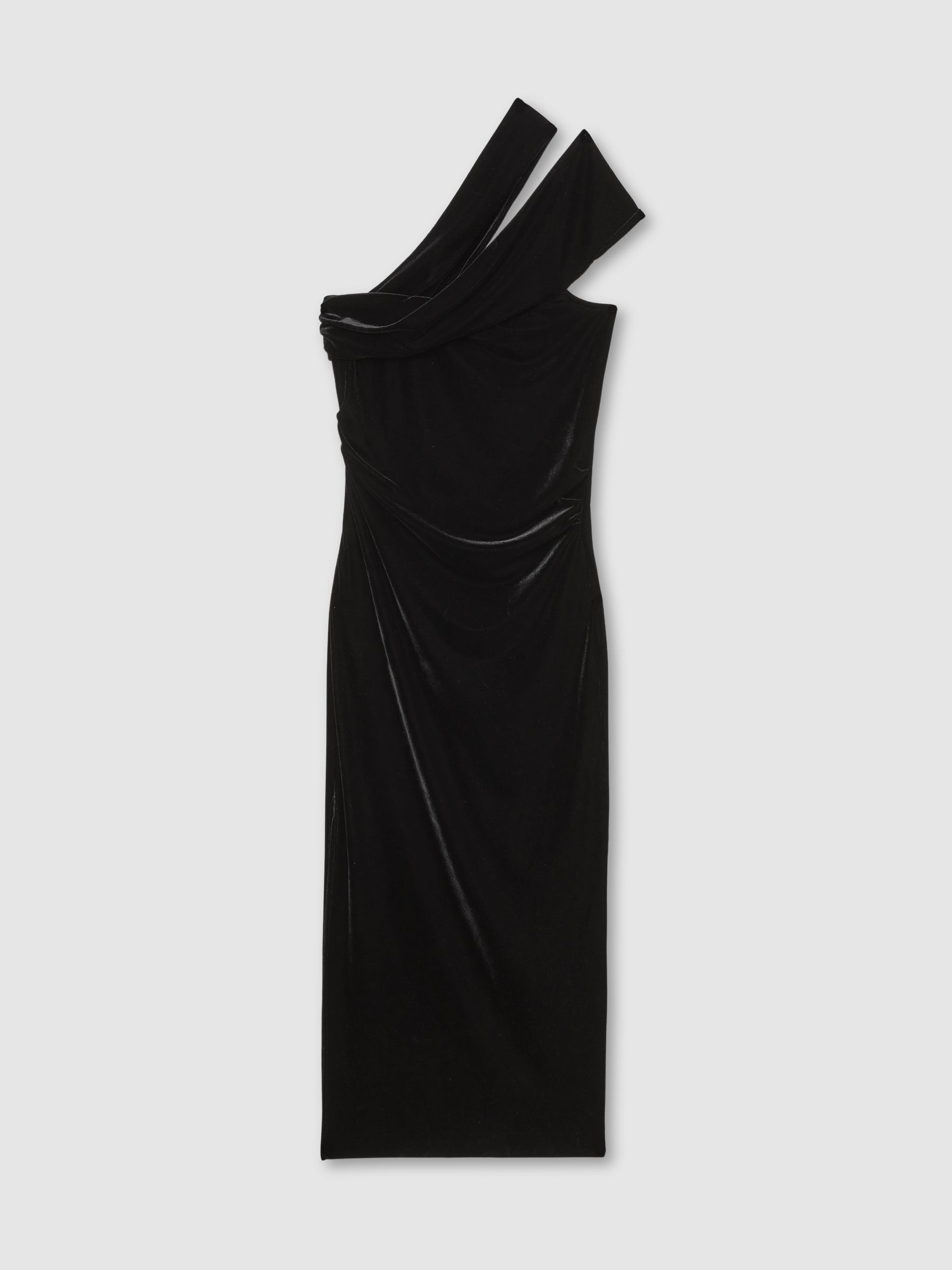Velvet One-Shoulder Midi Dress in Black - Image 2 of 5