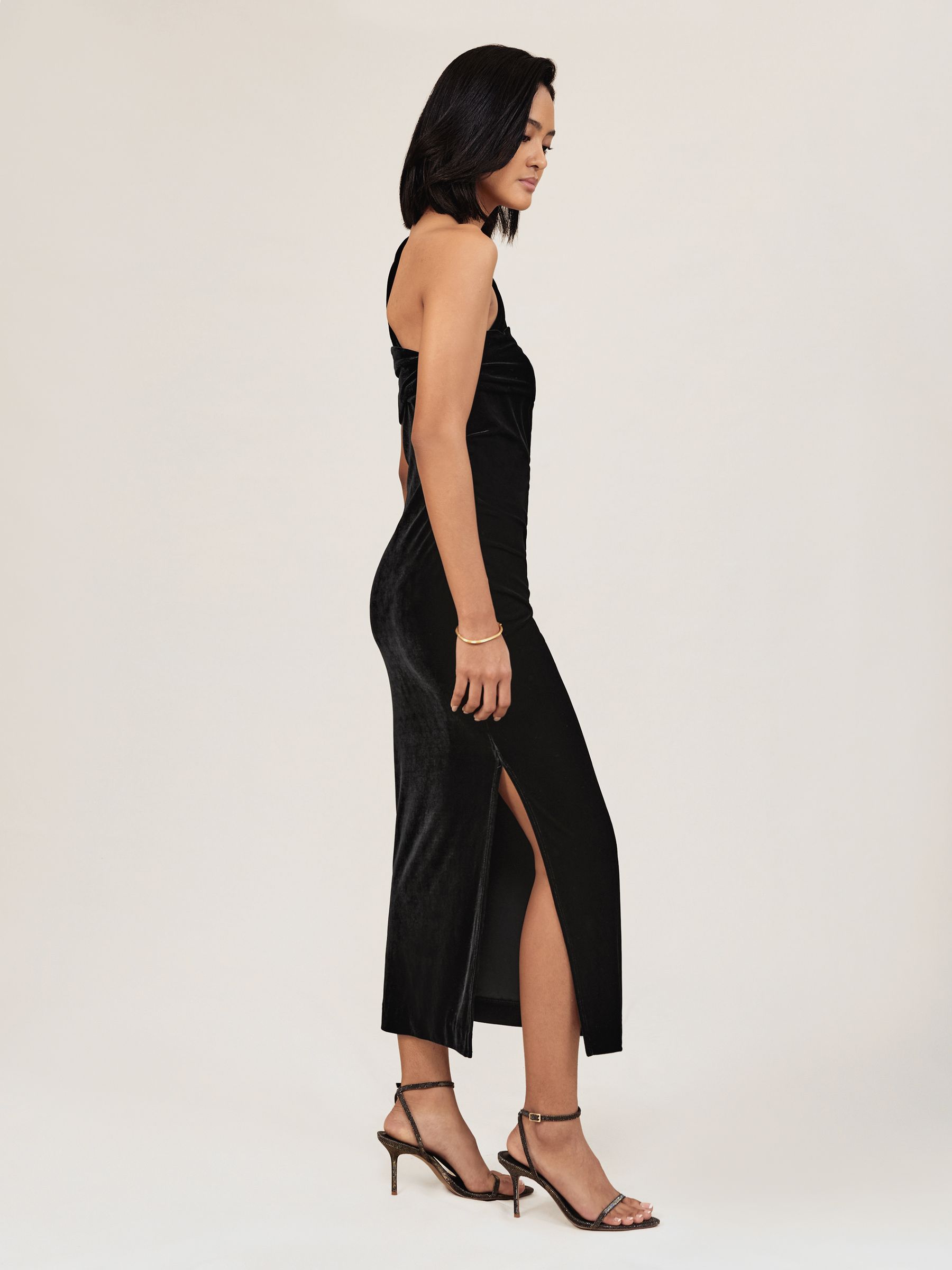 Velvet One-Shoulder Midi Dress in Black - Image 3 of 5
