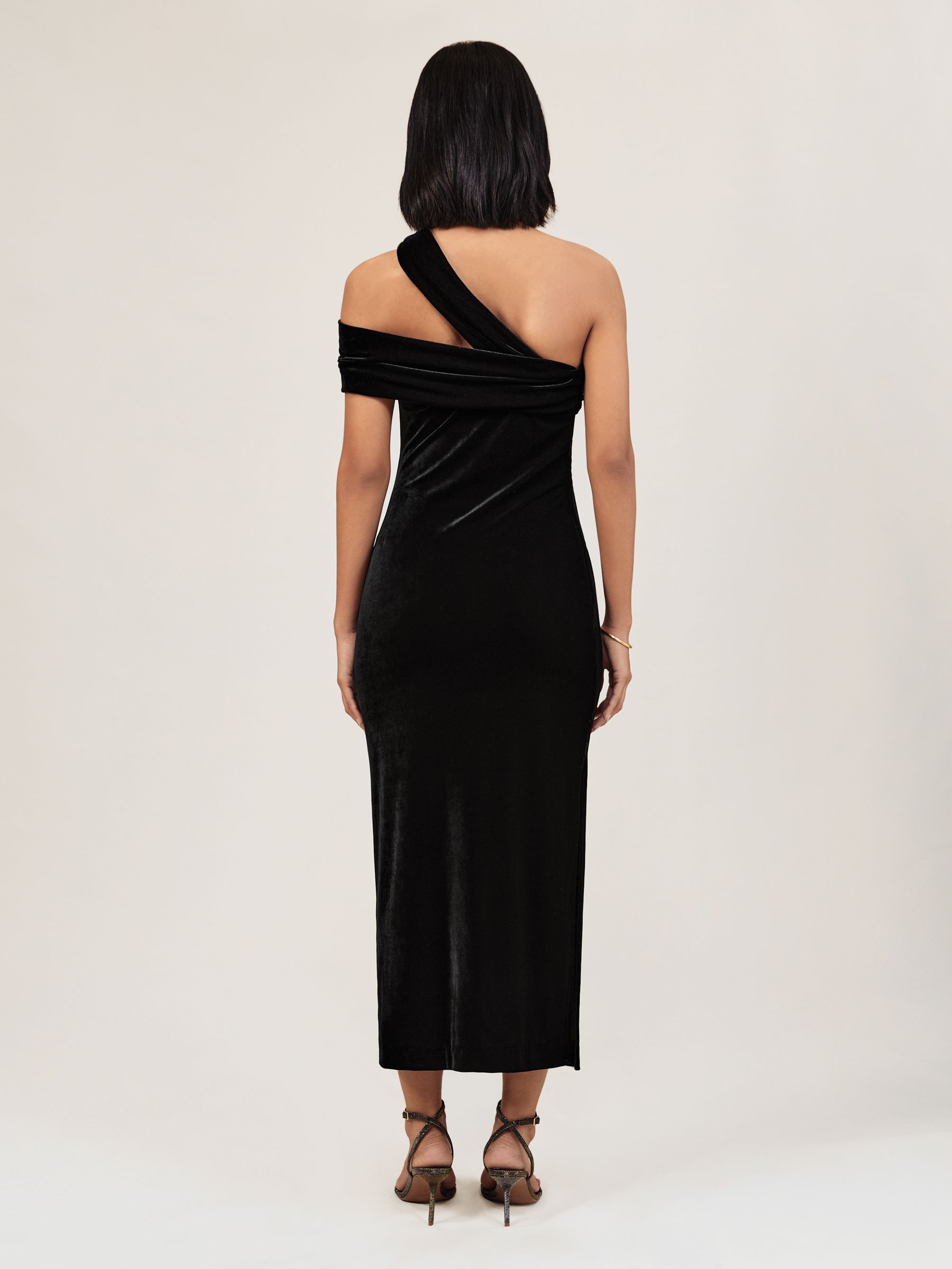Velvet One-Shoulder Midi Dress in Black - Image 4 of 5